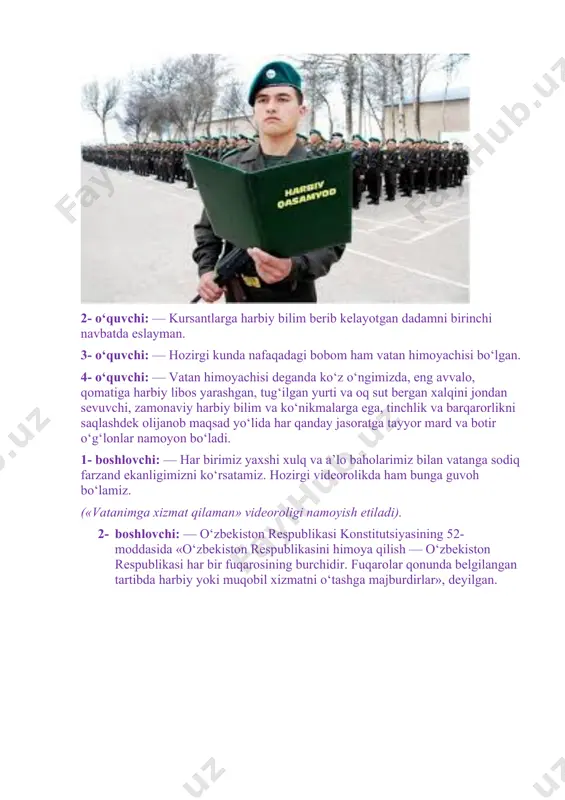 a nafaqat mard yigitlar, balki jasoratli qizlar ham vatan himoyasi, el kori uchun bel bog‘lab xizmat qilmoqda. ular haqida sinfimiz qizlari she’r yod olishgan. marhamat! 1- o‘quvchi: to‘marisning avlodlari asli sizlar, oybarchinday shijoatli, shahdli qizlar. qasamyodga sodiq qutlug‘ ahdli sizlar, el posboni libosini kiygan qizlar. 2- o‘quvchi: baxtlisizlar kun-tun elga tinchlik so‘rab, lekin doim yurolmaysiz o‘ynab-yayrab. yurtni ko‘proq sevgim kelar sizga qarab, el posboni libosini kiygan qizlar. 3- o‘quvchi: yelkangizda yulduzchalar porlab turar, sizni mudom yorug‘likka chorlab turar. siz kulganda osoyishta olam kular el posboni libosini kiygan qizlar. («ko‘pkari» raqsi). 1- boshlovchi: — biz to‘maris, spitamen, jaloliddin manguberdi, amir temur kabi dovyurak sarkardalarning vorislarimiz. ishonch bilan aytamizki, bobolarimizga munosib, vatanimizga sodiq farzand bo‘lamiz. 2- boshlovchi: — tadbirimizga tashrif buyurgan ichki ishlar xodimlariga so‘z navbatini beramiz. (ular ogohlik, tinchlikning qadriga yetish kerakligi haqida gapirishadi). 1- boshlovchi: — bayram tadbirimiz ham nihoyasiga yetdi. barchangizni mamlakatimiz hayotidagi qutlug‘ sana — vatan himoyachilari kuni …