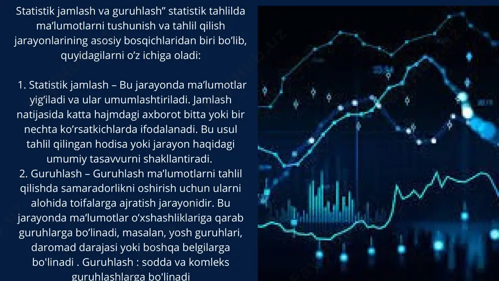 ajasini tushunish uchun “jahon banki” keng ko’lamdagi statistika ma’lumotlarini jamlaydi va tahlil qiladi. tabiiy ofatlar statistikasini olib borish orqali oldindan tayyorgarlik ko’rish va imkon qadar oldini olish mumkin. masalan, zilzilalar, suv toshqinlari yoki iqlim o’zgarishlarini tahlil qilish orqali xavfli hududlarda shoshilinch yordam rejalari ishlab chiqiladi. jamlash va guruhlash metodlari zamonaviy jamiyatda ham individual, ham davlat darajasida muhim qarorlar qabul qilishda keng qo’llanilmoqda. xulosa qilib aytganda, statistik jamlash va guruhlash jarayonlari katta hajmdagi ma’lumotlarni tahlil qilishda muhim ahamiyatga ega. ular yordamida ma’lumotlarni strukturaviy jihatdan ko‘rish va analiz qilish osonlashadi, bu esa ilmiy tadqiqotlar, marketing va boshqaruvda keng qo‘llaniladi. thanks image1.png image2.svg image3.jpeg image4.jpeg image5.jpeg image6.jpeg image7.jpeg image8.jpeg image9.jpeg image10.png image11.svg image12.jpeg image13.jpeg image14.jpeg image15.jpeg image16.png image17.jpeg /docprops/thumbnail.jpeg