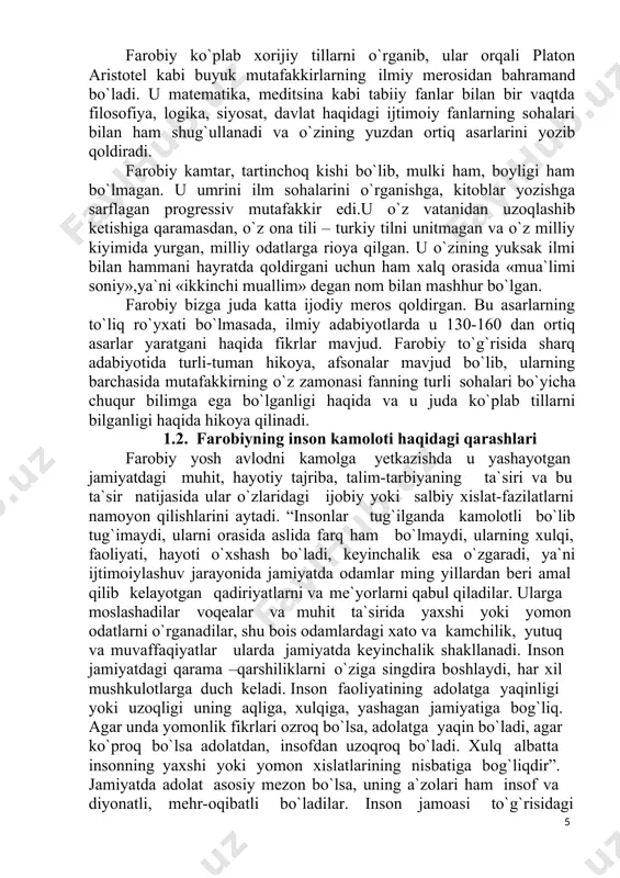 bular quyidagilar: “birinchidan bunday odamning barcha a`zolari mukammal taraqqiy etgan, sog`lom bo`lish lozim;ikkinchidan, tez fahm so`zlovchining maqsadini tez payqay oladigan bo`lsin; uchinchidan, xotirasi juda kuchli va mustahkam bo`lsin; to`rtinchidan, zehni tez va o`tkir bo`lsin; beshinchidan nutqi ravon ,fikri teran mulohazalarini yorqin bayon eta olsin; oltinchidan, bilish va o`rganishga ishtiyoqi baland bo`lib, bilimlarini charchashni sezmasdan o`zlashtira olsin; yettinchidan nafsini tiya oladigan, qimor o`yinlaridan jirkanadigan bo`lsin; sakkizinchidan haqiqatni sevadigan bo`lsin; to`qqizinchidan g`ururli va vijdonli bo`lsin, oliyjanob ishlarga intilsin; o`ninchidan mol-dunyo yig`ishga berilmasin; o`n birinchidan adolatli bo`lsin, odamlarni adolatga targ`ib etadigan bo`lsin; o`n ikkinchidan adolatli bo`lsin, ammo qaysar bo`lmasin, adolat oldida qaysarlik qilib, o`zbilarmonlikka berilmasin, lekin har qanday adolatsizlik, pastkashlik oldida lafzli bo`lsin, o`zi zarur deb bilgan narsasini amalga oshirishda qat`iylik ko`rsatsin, qo`rqmas, jasur bo`lsin, qo`rqish va ojizlikni bilmasin”. olimning fikricha “fozil” inson barkamlol shaxs bo`lishi uchun ma`naviy- axloqiy illatlardan xoli, ruhan, ma`nan va jismonan so`glom bo`lishi lozim. haqiqiy inson aql idrok tufayli …