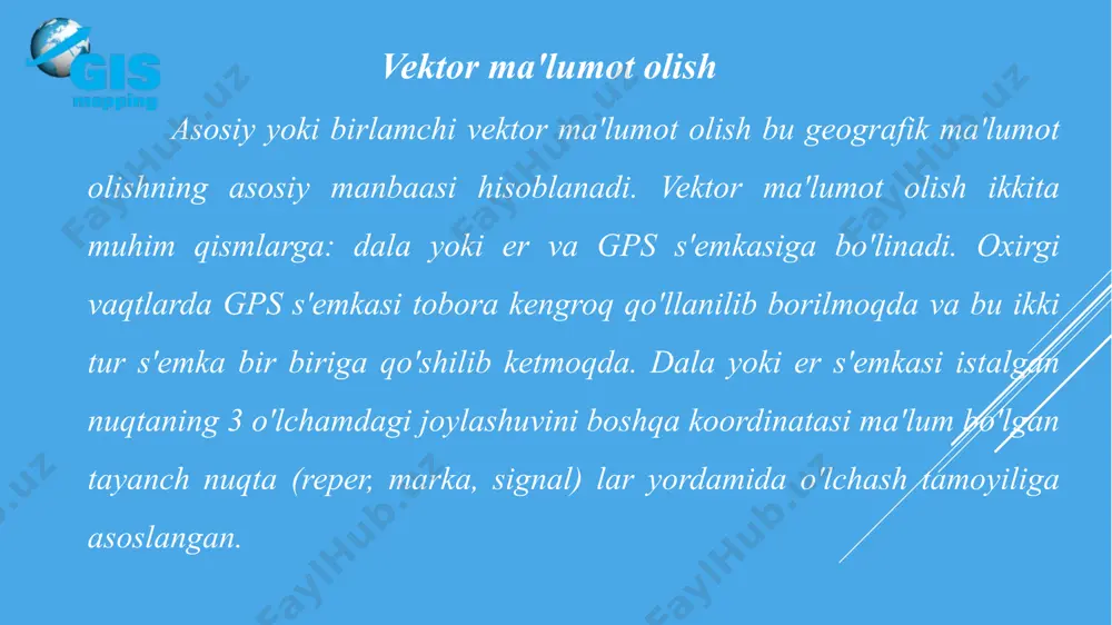 arakatdagi stansiyalar oʻzaro koʻrinishi kerak. bu real vaqtda santimetrli aniqlikni taʼminlaydigan yagona usuldir. gps ning umumiy xarakteristkalari butun dunyo bo’ylab aylanuvchi sistema aqsh tomonidan ishlab chiqilgan ta’minoti aniq navigatsiya 10 - 20 m butun dunyoni qoplagan 24 soat ishlaydi umumiy koordinata sistemalariga mos harbiy va xalq xo’jaligi uchun ochiq timi. gat da gps tushunchasi 3/4/2021 15 6 kartografiya va geodezik syomka tarixi klassik uslublari: triangulatsion, trilaterasion va poligonometrik tarmoqlar “chiziq va ko’rinish” bilan chegaralangan. qo’llanilgan uskunalar :po’lat sim, theodolit, kompas, nivelir timi. gat da gps tushunchasi 3/4/2021 16 kontrol segmenti fazoviy segment navstar : navigasiya 24 sputniklar (30) foydalanuvchi segmenti gps tizim tarkibi timi. gat da gps tushunchasi 3/4/2021 17 7 gps segmenti monitor kuzanut yerdagi antennas afscn bosh kuzatuv binosi fazo segmenti foydalanuvchi segmenti boshqaruvl segmenti sputnik guruhi master control station fairbanks usno wash d.c. new zealand ecuador argentina england bahrain south africa south korea colorado springs vandenberg, afb …
