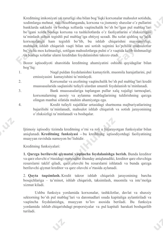 sh mustaqil faoliyatga aylanib, uning asosiy funksiyasi bo’lib pul egalari va unga vaqtincha muxtoj bo’lganlar o’rtasidagi vositachilikdir. ќozir bu faoliyat maxsus malaka va texnikaga ega bo’lgan maxsus ixtisoslashgan muassasalar-banklar tomonidan amalga oshirilmoqda. kreditning imkoniyati va zarurligi shu bilan bog’liqki korxonalar mahsulot sotishda, xodimlarga mehnat xaki hisoblanganda, korxona va jismoniy shaxslar o’z pullarini banklarda saklashi va boshqa xollarda vaqtinchalik bo’sh bo’lgan pul mablag’lari bo’lgani xolda boshqa korxona va tashkilotlarda o’z faoliyatlarini o’zluksizligini ta’minlash uchun tegishli pul mablag’iga ehtiyoj sezadi. bu xolat qishloq xo’jalik korxonalariga ham tegishli bo’lib, bu ishlab chiqarishni mavsumiyligi, mahsulot ishlab chiqarish vaqti bilan uni sotish xajmini ko’pchilik mahsulotlar bo’yicha mos kelmasligi, sotilgan mahsulotlarga pulni o’z vaqtida kelib tushmasligi va boshqa xolatlar ularni kreditdan foydalanishni takozo etadi. bozor iqtisodiyoti sharoitida kreditning ahamiyatini oshishi quyidagilar bilan bog’liq: 1. naqd puldan foydalanishni kamaytirib, muomila harajatlarini, pul emissiyasini kamayishini ta’minlaydi. 2. korxonalar va axolining vaqtinchalik bo’sh pul mablag’lari kredit muassasalarida saqlanishi tufayli …