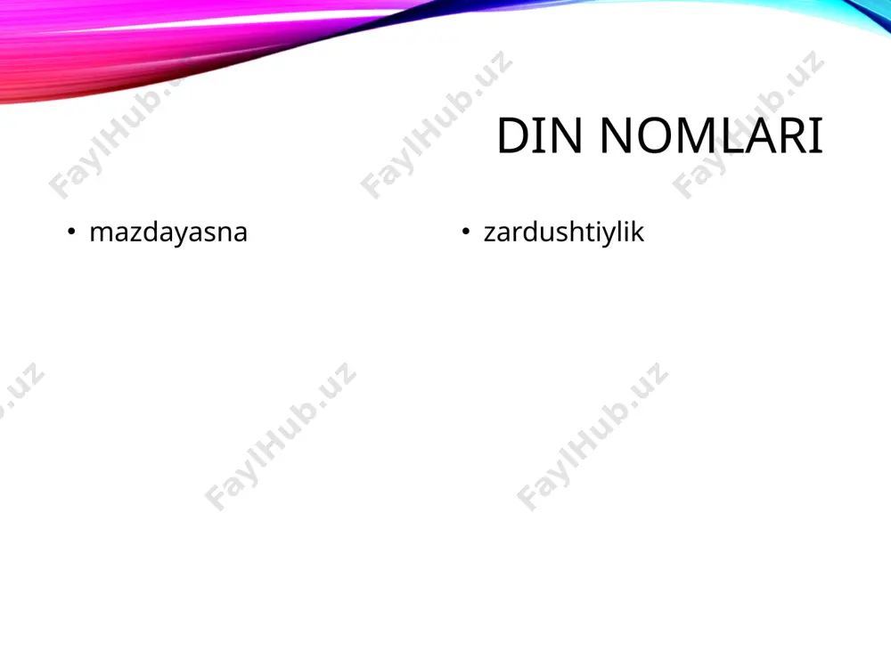 - б. zardushtiylikda imon 3 narsaga asoslanadi: fikrlar sofligi so’zning sobitligi amallarning insoniyligi таълимот сифатида ахурамазда ёрдамчилари ахурамазда ёрдамчилари ахриман тарафдорлари маконлар худолари suv yer olov havo оловга муносабат қурбонлик маросими (асосий предмет барсман – новдалар дастаси) олов уйларида бош коҳин-заутар хванана (хаома ўсимлигини майдалайдиган мутахассислар) фрабэрэтарлар (маросим ичимлигини тарқатувчилар) атравахш (оловга қараб турувчи мутахассис) элементлар хаума, инсон руҳини маросимга (намач-дуо) тўла йўналтирувчи муқаддас ичимлик, драунах (нон) мйазда (майиз ёки мевалар). байрамлари зардуштийлик бир йилда ҳар бири беш кундан давом этадиган олтита байрамни белгилайди. бу байрамлар орасида гоханвар – ҳар бири ўттиз кундан иборат бўлган 12 ойдан кейинги беш кунлик байрами асосий ўринни эгаллайди. йилнинг 360 кунидан қолган кунлари хурсандчилик, диний маросимлар билан ўтказилар эди. шундай қилиб янги йилнинг – наврўзнинг яхши кириб келишига умид билдирилар эди. кун қисмлари insoniyat tarixi йил бўлиниши зардуштийлик ғоялари zardushtiylik dini tarqalgan davlatlar. xii – vi asrlarda markaziy osiyo, ozarbayjon, eron va kichik osiyo …