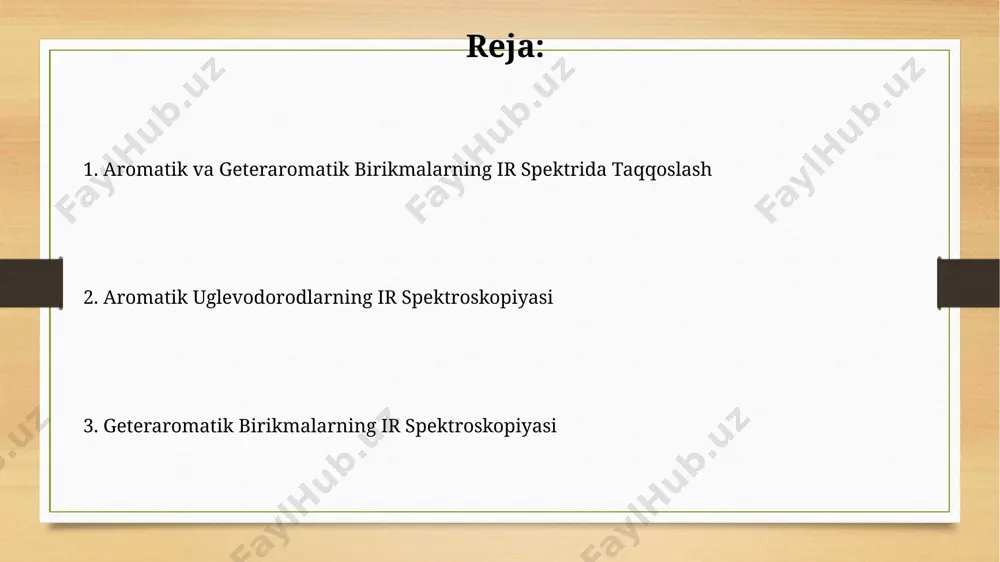 barcha funktsional guruhlarning xarakterli tebranishlarini aniqlash muhimdir, bu esa birikmaning tuzilishi haqida aniq ma'lumot beradi. aromatik halqaning tezliklari aromatik halqaning c-h bog'lanishining cho'zilish tebranishlari 3000-3100 sm⁻¹ diapazonida kuzatiladi, bu alifatik c-h bog'lanishlaridan yuqori chastotaga to'g'ri keladi. aromatik halqaning skelet tebranishlari 1450-1600 sm⁻¹ va 1600-1700 sm⁻¹ oralig'ida kuchli va o'rta intensivlikdagi absorbtsiya pichoqlari sifatida namoyon bo'ladi. vodorod bog'lanishining ta'siri vodorod bog'lanishi aromatik birikmalarning ir spektrlarida 3000-3500 sm⁻¹ oralig'ida keng, kuchsiz yoki o'rtacha intensivlikdagi signallarni keltirib chiqarishi mumkin. heteroaromatik birikmalarda vodorod bog'lanishining mavjudligi, oh yoki nh guruhlari uchun kuzatiladigan cho'qqilarning siljishi va kengayishi orqali aniqlanadi. aromatik uglevodorodlarning ir spektroskopiyasi 700-900 sm⁻¹ oraligʻida vodorod atomlarining soni va ularning halqadagi joylashishiga bogʻliq holda, aromatik halqaning c-h deformatsiya tebranishlariga xos boʻlgan oʻtkir va kuchli intensivlikdagi signallarni aniqlash mumkin. 1600-1450 sm⁻¹ oraligʻida c=c bogʻlarining choʻzilish tebranishlariga tegishli ikkita yoki undan ortiq kuchsiz yoki oʻrtacha intensivlikdagi signallar aromatik halqaning xarakterli xususiyati hisoblanadi. e'tiboringiz uchun rahmat @taqdimot_robot image7.jpg …