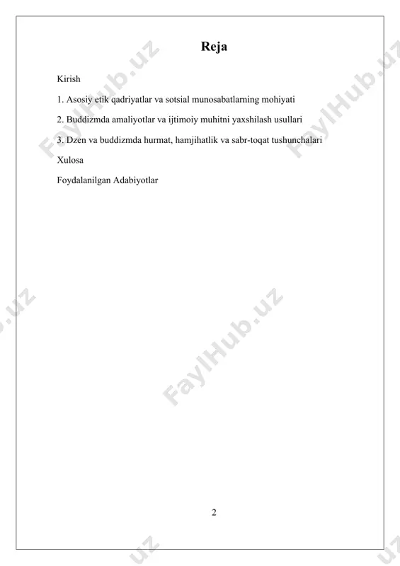 likni mustahkamlashga xizmat qiladi. mavzuning asosiy maqsadi, buddizm ta'limotlarida sotsial munosabatlarning mohiyatini, ularni rivojlantirish uchun amaliyotlar va etika qoidalarini o‘rganishdan iborat. shu bilan birga, bu tadqiqot, insonlar o‘rtasidagi muvofiqlik va ijtimoiy barqarorlikni ta’minlashda buddizm ta'limotlarining zamonaviy jamiyatdagi o‘rni va ta’sirini aniqlashga qaratilgan. shu bilan birga, bu mavzu, insonlarning ichki dunyosini va tashqi muhit bilan bo‘lishishni o‘rganish orqali, jamiyatda mehr-muhabbat va hamjihatlikni rivojlantirish uchun muhim nazariy va amaliy asoslar yaratadi. i. asosiy etik qadriyatlar va sotsial munosabatlarning mohiyati dzen va buddizmda sotsial munosabatlar etik qadriyatlar va insonlar o‘rtasidagi muvofiqlik, hamjihatlikni ta’minlashga qaratilgan asosiy tamoyillarni o‘z ichiga oladi. bu qadriyatlar insonlarning ichki dunyosi va tashqi muhit bilan bog‘liq bo‘lib, ularning bir-biriga nisbatan hurmat, sabr-toqat, mehr-muhabbat va hamjihatlik kabi sifatlarni rivojlantirishga xizmat qiladi. buddizm ta'limotlarida bu qadriyatlar nafaqat shaxsiy rivojlanish uchun, balki jamiyat barqarorligi va ijtimoiy muvofiqlik uchun muhim hisoblanadi. buddizmda etik qadriyatlar insonlarning ichki dunyosini tozalash va ularni ijtimoiy muhit bilan muvofiqlashtirish …