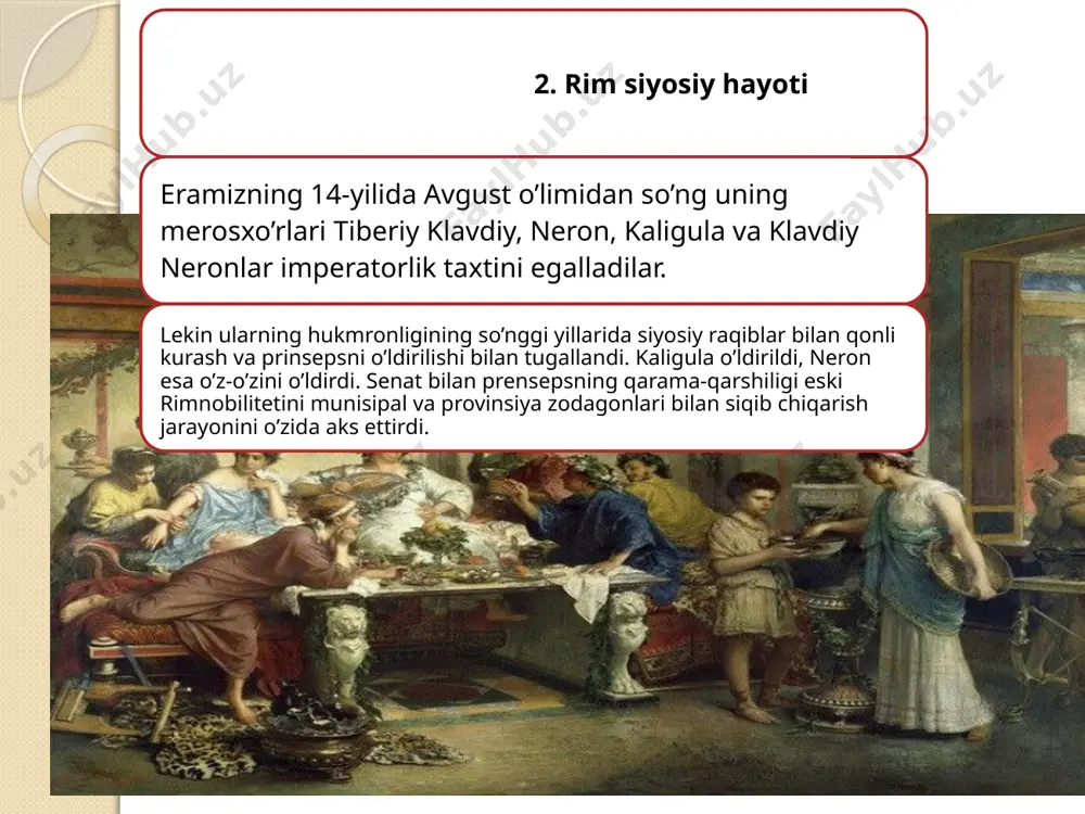 ian o’limidan keyin senat 66 yoshli senator mark koksey nervani (96-98-yillar) imperator etib sayladi. uning hukmronligi bilan ii asrdan rim imperiyasida antoniylar sulolasi hukmronligi boshlandi. bu sulolani eng taniqli vakillaridan biri mark ul`piy trayan bo’ldi. trayan ispaniyada tug’ilgan bo’lib, yuqori germaniya noibi edi. imperator nerva qo’shinda obro’-e’tiborli bo’lgan trayanni asrandi o’g’il va voris qilib tayinlashga majbur bo’ldi. trayan 98-117-yillar rim imperiyasiga hukmronlik qilgan paytdan imperiya o’zining iqtisodiy-siyosiy va madaniy taraqqiyotining eng yuqori cho’qqisiga chiqdi (96-196-yillar). trayan davrida rimning oxirgi istilochilik urushlari olib borildi. u faol tashqi siyosat olib borib, imperiya hududlarini kengaytirdi. uning davrida legionlar soni 30 taga yetkazildi. kuchli rim qo’shinlari 101-103-yillar va 105-107-yillarda dunay bo’ylaridagi kuchli dakiya podsholigini bo’ysundirdi, dakiyani podshosi detsebal asir olindi. dakiya rim provinsiyasiga aylandi. dakiyaning bosib olinishi natijasida uning boy oltin va tuz konlari katta o’lja bo’ldi. dakiya g’alabasiga bag’ishlab rimda 123 kun davom etgan tomoshalar ko’rsatildi, plebsga mo’l-ko’l sadaqa ulashildi, ajoyib trayan termalari …