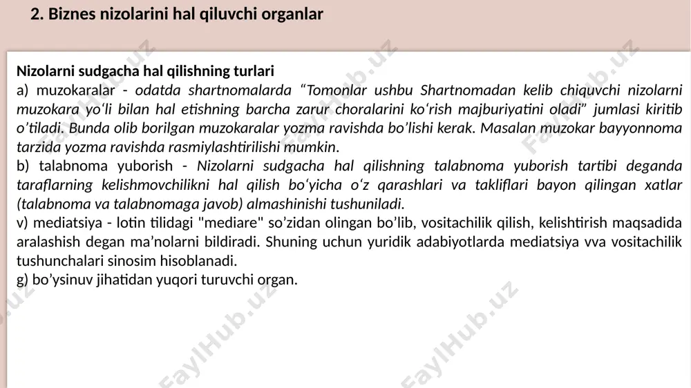 t va talablarga mutanosibligida. boshqa alternativlar, risklar va oqibatlar haqida ma’lumot olish imkoni. 2. biznes nizolarini hal qiluvchi organlar nizolarni sudda hal qilish biznes huquqiga oid nizolar: 1. fuqarolik sudi - masalan mehnat nizolarini; 2. iqtisodiy sud - tadbirkorlik huquqiy munosabatlardan yuzaga keladigan nizolarga doir ishlar; iqtisodiyot sohasida yuridik shaxslar va yakka tartibdagi tadbirkorlarning huquqlari yuzaga kelishi, o‘zgarishi yoki bekor bo‘lishi uchun ahamiyatga ega bo‘lgan faktlarni aniqlash (bundan buyon matnda yuridik ahamiyatga ega bo‘lgan faktlarni aniqlash deb yuritiladi) to‘g‘risidagi ishlar; bankrotlik to‘g‘risidagi ishlar; hakamlik muhokamasi bilan bog‘liq ishlar; ipkning 30-moddasida ko‘rsatilgan korporativ nizolar bo‘yicha ishlar. - https://namangan.adliya.uz/uz/news/detail.php?id=47984 3. ma’muriy sud - masalan mjtksining xiii bob. savdo, tadbirkorlik va moliya sohalaridagi huquqbuzarliklar uchun ma’muriy javobgarlik bo’limida ko’zda tutilgan holatlar, jumladan savdo yoki xizmat ko‘rsatish qoidalarini buzish, litsenziyalash, ruxsat berish va xabardor qilish tartib-taomillari to‘g‘risidagi qonunchilikni buzish kabi ishlar 4. jinoiy ishlari bo’yhicha sud - masalan jksining xii bob. iqtisodiyot asoslariga qarshi …