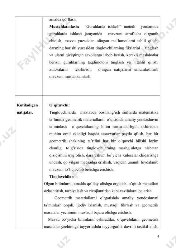 shirib borish. 11-mavzu: matematika darslarining óziga xos xususiyatlari. boshlang’ich sinf o’quvchilariga geometrik materiallarni o’rgatish usullari. (2 soat ma’ruza) maqsad: matematika óqitish óquvchilarni savodlilikka, tirishqoqlikka, puxtalikka, óz fikri va xulosalarini nazorat qila olishga órgatish. geometrik shakllar (nuqta, to`ğri va egri chiziq, to`ğri chiziq kesmasi, nuqta, kesma, burchak, uchburchak, to’g’rito’rtburchak, ko’pburchak, aylana, doira va boshqalar) haqida, ularning elementlari haqida shakllar va ularning elementlari orasidagi munosabatlari haqida, ularning ba’zi xossalari haqidagi tasavvurlarning to`la sistemasini tarkib topdirishdan iborat. kutiladigan natija: . óquvchilar olgan bilimlarni, amalga qóllay olishga órgatish, oqitish metodlari ózlashtirish, tarbiyalash va rivojlantirish kabi vazifalarni bajarish. geometrik materiallarni o’rgatishda amaliy yondoshuvni ta’minlash orqali, ijodiy izlanish, mustaqil fikrlash va geometrik masalalar yechimini mustaqil bajara olishga erishish. tayanch so’zlar: algebraik, arifmetik, geometric, to’g’ri chiziq, nuqta, kesma, burchak, uchburchak, to’g’rito’rtburchak, ko’pburchak, aylana, doira, radius, diametr, perimetr, yuza, hajm. reja: i. matematika darslarining óziga xos xususiyatlari. ii. asosiy қism: a). «o’nlik» mavzusida geometrik material ustida ishlash usullari. …