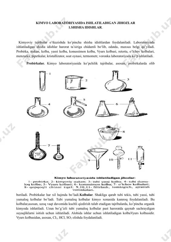 qo’lga olish mumkin emas, uni pinset yoki qisqich bilan olish kerak; f) natriy qoldiqlarini rakovinaga also tashlamang, ularni etil spirti yoki amil spirtini ishlatib yo’qoting g) natriy bilan bajariladigan ishlarni suv hammomida bajarish man etiladi, zarur hollarda qum hammomi yoki yog’ hammomidan foydalaniladi. — teri yengil kuyganda uni spirt bilan artib, glitserin yoki vazelin surtish kerak. ko’proq va kattaroq kuygan bo‘lsa kaliy permanganat hamda spirt bilan yuvib, maxsus surtish moyi (masalan, sulfidin emulsiyasini)ni qo’llash kerak. — brom kuydirgan terini benzol bilan yuvib, keyin natriy tiosulfatning 10%li eritmasi bilan artish kerak. brom bug’ini ammiak hidlash yoki toza havoda nafas olish bilan ketkazish mumkin. — kuchli kislotalar bilan kuygan terini ko’p miqdordagi suv bilan yuvib, keyin sodaning 3%li eritmasi bilan artish lozim. —ishqor kuydirgan terini esa suv bilan yuvib, keyin borat kislotasining 1%li eritmasi bilan neytrallash zarur. — ichingizga tasodifan ketib qolgan reaktivni ko’proq toza suv ichib, agar kislota bo’lsa sodaning 2%li …