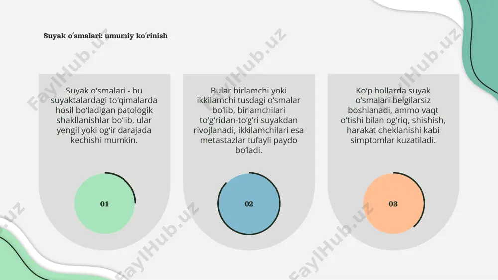 olishda asosiy rol o‘ynaydi. irsi omillarni inobatga olib, doimiy tibbiy nazoratda bo‘lish, yaxshi uyqu va stressni kamaytirish o‘smalarning oldini olishda muhim hisoblanadi. 01 03 02 e’tiboringiz uchun rahmat