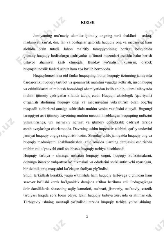 an, bir tizimli, aniq maqsadni ko’zlagan faoliyat yig’indisi. shuni ta’kidlash kerakki, yaqin o’tmishda ham huquqiy tarbiyaga u chindan ham sazovor bo’lishi kerak bo’lganidek darajada e’tibor berilmas edi. pedagogikaga doir darsliklarda shaxsning aqliy kamoloti, mehnati, jismoniy, ma’naviy, estetik tarbiyasi haqida so’z borar ediyu, lekin huquqiy tarbiya xususida eslatilmas edi. tarbiyaviy ishning mustaqil yo’nalishi tarzida huquqiy tarbiya yo’nalishining ajratib qo’yilmasligi o’sib kelayotgan avlodning huquqiy ongi ahvoliga salbiy ta’sir ko’rsatmay qolmadi. o’zbekiston huquqiy davlat barpo etish sari qadam qo’yilib, bu yo’lda huquqiy tarbiya, huquqiy ongni takomillashtirish masalalariga katta e’tibor berib kelinmoqda. bu mas’uliyatli vazifada mehnat jamoalarida, bilim maskanlarida va har bir shaxs bilan olib borish borasida ko’p qirrali ishlar qilinmoqda. huquqiy tarbiyali bo’lish uchun har bir shaxs umumhuquq bilimga, uni ongli ravishda qabul qilishga va huquqiy madaniyatni alohida bajarishga yetarli darajada huquqiy saboq olish kerak. lekin hozirgi paytgacha huquqiy tarbiya tushunchasi, uning tushuntirish metodlari to’laligicha yoritilmagan. “mamlakatimizda keng ko’lamli islohotlarning muvaffaqiyatli amalga oshirilishi …