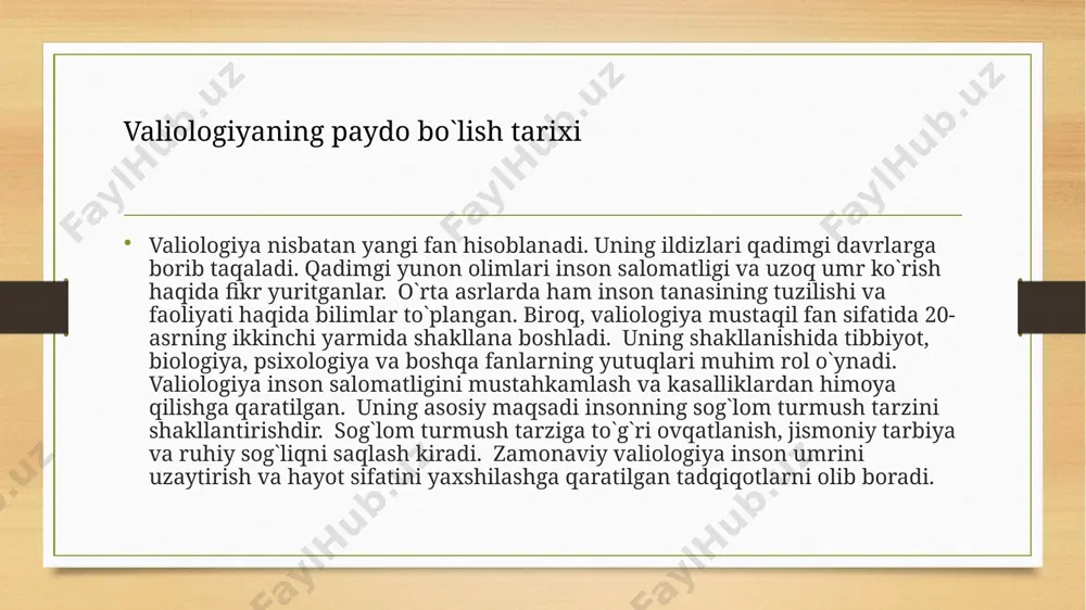 da valiologiya tez sur'atlar bilan rivojlanmoqda. yangicha usullar va texnologiyalar qo`llanilmoqda. valiologiya inson salomatligini mustahkamlash va kasalliklardan himoya qilishga qaratilgan. uning asosiy maqsadi insonning sog`lom turmush tarzini shakllantirishdir. zamonaviy valiologiya nafaqat kasalliklarning oldini olish, balki insonning umrini uzaytirish va hayot sifatini yaxshilashga ham qaratilgan. valiologiya fanining istiqbollari juda katta. u inson salomatligini mustahkamlash va hayot sifatini yaxshilashga xizmat qiladi. zamonaviy valiologiya yutuqlari jamiyat salomatligini yaxshilashga va insonlarning umrini uzaytirishga katta hissa qo`shmoqda. sog`lom turmush tarzini targ`ib qilish bo`yicha keng miqyosli tadbirlar amalga oshirilmoqda. aholi orasida sog`liqni saqlash bo`yicha bilimlarni oshirishga qaratilgan ishlar olib borilmoqda. valiologiyaning zamonaviy holati valiologiyaning istiqbollari juda katta. u inson salomatligini mustahkamlash va hayot sifatini yaxshilashga xizmat qiladi. kelajakda valiologiya yanada rivojlanadi va inson salomatligiga ta`sir etuvchi omillarni yanada chuqurroq o`rganadi. yangicha usullar va texnologiyalar qo`llaniladi. valiologiyaning rivojlanishi jamiyat salomatligini yaxshilashga va insonlarning umrini uzaytirishga katta hissa qo`shadi. zamonaviy valiologiya yutuqlari jamiyat salomatligini yaxshilashga va insonlarning umrini …