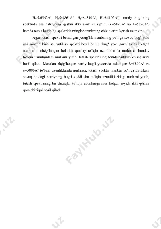 er atmosferasi atomlari va molekulyar birikmalariga tegishli yutilish chiziqlari paydo bo‘ladi. osmon jismlari spektrida kuzatiladigan yer atmosferasining chiziqlari teluriy chiziqlari deyilib, spektrofotometriya paytida tayanch chiziqlar sifatida ishlatiladi. ma’lumki planetalar va ularini yo‘ldoshlarining ko‘rinishi quyosh nurlarining ularni sirtidan qaytishi hisobiga bo‘ladi va quyosh nurlari planeta sirtdan qaytishidan oldin va keyin uning atmosferasini kesib ¢tadi. shuning uchun ham planeta va uning yo‘ldoshlari spektrida quyosh spektriga qo‘shimcha uning (yoki yo‘ldoshining) atmosferasiga tegishli yutilish chiziqlari hosil bo‘ladi. bu yutilish chiziqlarining analizi, planeta atmosferasining kimyoviy tarkibi, bosimi, temperaturasi va boshqa fizik xarakteristikalari haqida ma’lumot beradi. astrofizik jarayonlarning nuriy tezliklarini aniqlash. dopler effekti spektral analiz bergan eng katta yutuqlardan biri (harakatdagi yoritgichlarning yoki ularni qismlarining quyosh, oy, tumanliklar uchun nuriy tezliklarini o‘lchashga imkon berishidir. yoritgichning nuriy tezligi deganda, yoritgichning harakat tezligi vektorining qarash chizig‘i bo‘yicha tashkil etuvchisi tushiniladi. ќarakatdagi manbaning nuriy tezligini o‘lchash usuli dopler tomonidan 1847 yilda ishlab chiqilgan bo‘lib, unga ko‘ra, nurlanayotgan manbaning qarash …