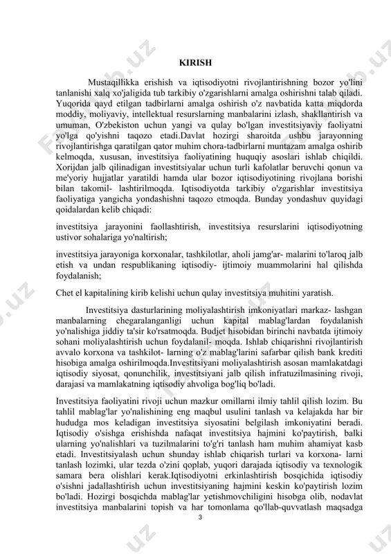 va har tomonlama qo'llab-quvvatlash maqsadga muvofiq bo'ladi. xalqaro moliya institutlarining valuta-kredit liniyalaridan foydalanish, lizingni rivojlantirishga yo'naltirilgan ishlar va boshqalar investitsiyalarning moliyalashtirish amaliyotiga jiddiy o'zgartirishlar kiritadi. investitsiyalashning bozor mexanizmlarini joriy etish, bevosita xorijiy investitsiyalar, kreditlarni jalb qilish, moliya bozori orqali investitsiya manbalarining shakllantirishni kengaytirish, noan'anaviy moliyalashtirish usullaridan foydalanish amaliyotini chuqur, atroflicha tadqiq etish va ularni umumlashtirish zaruratini kun tartibiga qo'yadi.investitsiya faoliyatini samarali tashkil qilishda hali qal qilinishi zarur bo'lgan qator vazifalar borki, ular mavjud qonun va me'yoriy hujjatlardan to'g'ri foydalanadigan va umuman, investitsiyalardan samarali foydalanish bo'yicha kadrlarni tayyorlash ularning malakasini muntazam oshirishni talab qilmoqda. mazkur soha uchun malakali kadrlarni tayyorlashni tubdan yaxshilash va sifatini oshirishda, ayniqsa kasb-hunar kollejlari o'quvchilariga mo'ljal- langan darsliklar, o'quv-uslubiy qo'llanmalarning yetishmasligi ma'lum qiyinchiliklarni yuzaga keltirmoqda. i. investitsiya, va uning nazariy asoslari 1.1 investitsiya tushunchasi «investitsiyalar» atamasi lotin tilidagi «invest» so'zidan olingan bo'lib, pul sarf qilmoq, qo'ymoq ma'nosini anglatadi. «investitsiya» tushunchasi bir qator ma'nolarga ega bo'lib, foyda olish …