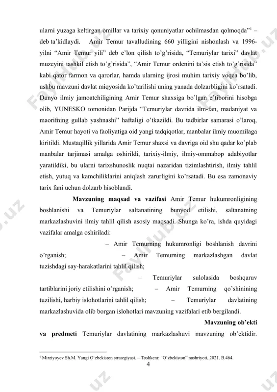 bug`doyrang emas. qo`l oyoqlari baquvvat, yelkalari keng, o`ng oyoq-qo`li cho`loq va shol, ikki ko`zi bamisoli ikki shamdek bo`lsada, shodligi bilinmas, yo`g`on ovozli edi. u o`limdan qo`rmas, yoshi saksonga yetgan bo`lsada, iztirobsiz, vazmin bo`lib, hazil-mazax va yolg`onni yoqtirmas, garchi unda o`ziga ozor yetadigan biron so`z bo`lsa ham xaqiqat unga yoqar edi. u bo`lib o`tgan ishga aziyat chekmas va qo`lga kiritiladigan yutuqlardan shodlanmas edi”[footnoteref:3]. sohibqiron amir temur tarixan o`ta murakkab vaziyatda xiv asrning 60- yillarida siyosat maydoniga chiqdi. bu davrda chingizxon avlodlari o`rtasida toju-taxt, davlat va mol talashishlar shu darajada kuchayib ketdiki, bu chig`atoy ulusiga qarashli hududlarga feodal tarqoqlikning yanada chuqurlashuviga sabab bo`ldi[footnoteref:4]. mahalliy hokimlarning o`zboshimcha xarakatlari natijasida chig`atoy ulusiga qarashli movarounnahr hududida o`nlab mustaqil bekliklar vujudga keldi. shahrisabzda xoji barlos, xo`jandda boyazid jaloyir, balxda amir xusayn, shibirg`onda – muhammad aperdi nayman, ko`xistonda-amir sotilmish, arxang saroyda – o`ljoy aperdi va boshqalar o`zlarini hokimi mutloq deb xisoblashardi. bir yoqdan mo`g`ul xonlari o`tkazayotgan zug`umlar, …