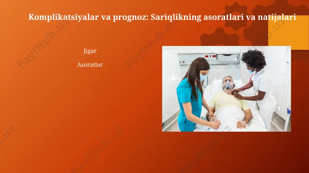 . fototerapiya: nur bilan davolash fototerapiya fototerapiya paytida chaqaloqning ko'zlari himoyalanishi kerak, chunki intensiv yorug'lik retinaga zarar yetkazishi mumkin. bundan tashqari, bolani har 2-3 soatda emizish suv yo'qotishini oldini oladi. sariqlik turlari: turlicha sariqlikni farqlash pregepatik sariqlik gemoliz natijasida kelib chiqadi, bilirubinning 80% dan ortig'i erkin bo'ladi. bilirubin darajasi 5 mg/dl dan oshishi mumkin, ammo jigarning zarari yo'q. sariqlik turlari: turlicha sariqlikni farqlash qon quyish: qon quyish amaliyoti qon quyish qon quyishning asosiy ko'rsatmalari: gemoglobin darajasi 70 g/l dan past bo'lgan anemiya, katta qon yo'qotish (500 ml dan ortiq), og'ir jarrohlik amaliyotlari, onkologik kasalliklar va qon ivishining buzilishi, jumladan trombotsitopeniya. jigar kasalliklari va sariqlik: jigar kasalliklarining sariqlik bilan bog'liqligi jigar sirrozi, portal gipertenziya sabab bo'lib, jigar hujayralarining 50 foizdan ko'prog'ini yo'q qilishi mumkin, natijada bilirubinning chiqarilishi buziladi va sariqlik paydo bo'ladi. jigar kasalliklari va sariqlik: jigar kasalliklarining sariqlik bilan bog'liqligi etiologiya: sariqlikning sabablari etiologiya: sariqlikning sabablari o't yo'llarining obstruktsiyasi, masalan, …