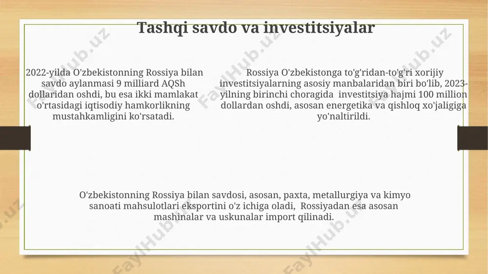 bozorlarida energiya resurslariga boy davlatlar sifatida e'tirof etiladi, bu investorlar uchun muhim omil hisoblanadi. 2023-yil ma'lumotlariga ko'ra, to'g'ridan-to'g'ri xorijiy investitsiyalar hajmi rossiyada uzbekistonga nisbatan sezilarli darajada yuqori, taxminan 3 marta farq kuzatiladi, bu investorlarning rossiyaga bo'lgan yuqori qiziqishini ko'rsatadi. e'tiboringiz uchun rahmat @taqdimot_robot image3.png image4.png