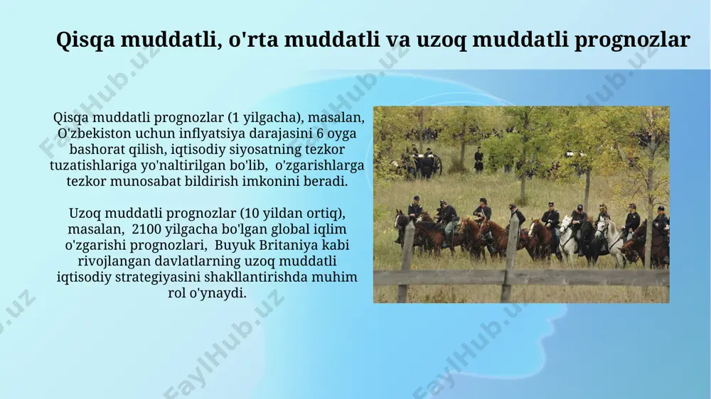 tiv prognozlar, masalan, o'zbekistonning yaim o'sishini 2024-yil uchun 5% deb taxmin qilishda, o'tgan 5 yil davomidagi o'rtacha ko'rsatkichlardan foydalanishni o'z ichiga oladi. prognozlarni baholash va tahlil qilish prognozlarni baholashda ma'lumotlar manbalarining ishonchliligini (masalan, davlat statistika qo'mitesi ma'lumotlari va xalqaro tashkilotlarning hisobotlari) va prognoz usullarining mosligini hisobga olish muhimdir. aqsh federal rezerv tizimining 2022-yilgi inflyatsiya prognozi, 2 foizlik maqsaddan ancha yuqori bo'lib chiqdi, bu prognozlarni muntazam ravishda qayta ko'rib chiqish va yangi omillarni hisobga olish zarurligini ko'rsatadi. e'tiboringiz uchun rahmat @taqdimot_robot image2.jpg image3.jpg image4.jpg image5.jpg image6.jpg image7.jpg image8.jpg image9.jpg image10.jpg image11.jpg image1.png