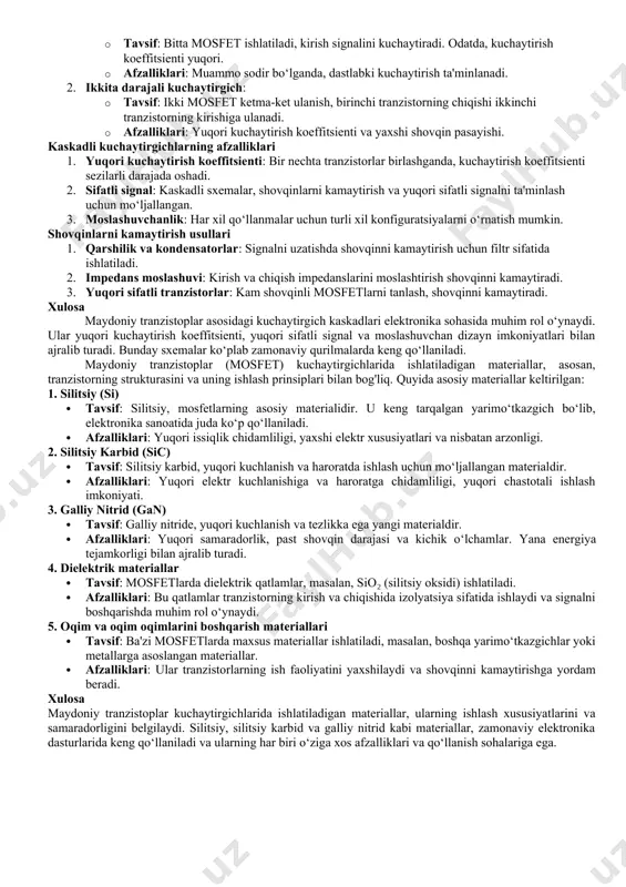 n bir qancha usullar va strategiyalar qo‘llaniladi. quyida ularning ba'zilari keltirilgan: 1. qarshiliklar va kondensatorlar · qarshiliklar: kirish va chiqishdagi qarshiliklar shovqinni pasaytirish uchun optimallashtirilishi kerak. yaxshi sifatli qarshiliklar tanlang. · kondensatorlar: signalni uzatishda shovqinni kamaytirish uchun filtr sifatida ishlatiladi. yuqori chastotali shovqinlar uchun past o‘tkazuvchan kondensatorlar qo‘llaniladi. 2. tizimning impedans moslashuvi · impedans moslashuvi: kirish va chiqish impedanslarini moslashtirish shovqinni kamaytiradi va signalning kuchlanishini yaxshilaydi. bu, shuningdek, energiya yo‘qotishlarini ham kamaytiradi. 3. sxema dizayni · xavfsiz joylashuv: tranzistorlarni joylashtirishda shovqin manbalaridan uzoqroq joylashish orqali shovqinni kamaytirish mumkin. · ekspozitsiya dizayni: tez-tez o‘zgaruvchan shovqin manbalaridan (masalan, motorlar) uzoqroq joylashtirish. 4. shovqin tuzilishi · chastota filtrlar: ovoz shovqinlarini kamaytirish uchun chastota filtrlarini (past va yuqori o‘tkazuvchan filtrlar) qo‘llash mumkin. · shovqinni pasaytirish sxemalari: shovqinni kamaytirish uchun maxsus filtrlar va shovqin pasaytirish sxemalari ishlatiladi. 5. tranzistor tanlovi · yuqori sifatli tranzistorlar: kam shovqinli tranzistorlarni tanlash, shovqinni kamaytirishga yordam beradi. · kichik oqimli …