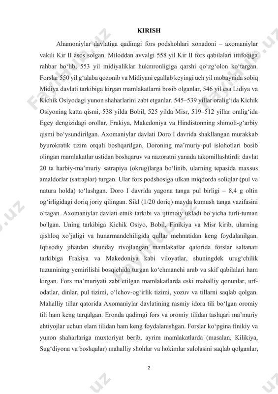 o’jaligi va hunarmandchiligida qullar mehnatidan keng foydalanilgan. iqtisodiy jihatdan shunday rivojlangan mamlakatlar qatorida forslar saltanati tarkibiga frakiya va makedoniya kabi viloyatlar, shuningdek urug‘chilik tuzumining yemirilishi bosqichida turgan ko‘chmanchi arab va skif qabilalari ham kirgan. fors ma’muriyati zabt etilgan mamlakatlarda eski mahalliy qonunlar, urf-odatlar, dinlar, pul tizimi, o‘lchov-og‘irlik tizimi, yozuv va tillarni saqlab qolgan. mahalliy tillar qatorida axomaniylar davlatining rasmiy idora tili bo‘lgan oromiy tili ham keng tarqalgan. eronda qadimgi fors va oromiy tilidan tashqari ma’muriy ehtiyojlar uchun elam tilidan ham keng foydalanishgan. forslar ko‘pgina finikiy va yunon shaharlariga muxtoriyat berib, ayrim mamlakatlarda (masalan, kilikiya, sug‘diyona va boshqalar) mahalliy shohlar va hokimlar sulolasini saqlab qolganlar, ibodatxonalarni soliq va to‘lovlardan ozod etganlar.[footnoteref:1] persepol bilan bir qatorda axomaniylar bobil, suza va ekbatanani poytaxt qilishgan. axomaniylar davlati madaniyati va san’ati eron madaniy an’analarini yunoniston, ossuriya, misr va boshqa mamlakatlar an’analari bilan chog‘ishtirmasidan iborat bo‘lgan. forslarning o‘zi saltanatda mumtoz mavqega ega edilar. ular soliqlar va …