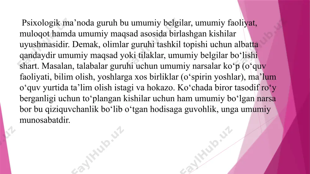 yoki guruhda yaxshiroq samara beradimi, boshqa odamlarning yonida bo`lishi uning faoliyatiga qanday ta`sir ko’rsatadi. shuni ta`kidlash lozimki, bunday sharoitlarda individlarning o`zaro hamkorligi (interaktsiya) emas, balki ularning bir vaqtda bir yerda birga bo`lganligi faktining (koaktsiya) ta`siri o`rganildi. olingan ma`lumotlar shuni ko’rsatadiki, boshqalar bilan hamkorlikda bo`lgan individ faoliyatining tezligi oshadi, lekin harakatlar sifati ancha pasayishi aniqlandi. bunday ma`lumotlar amerikalik n.triplett, nemis olimi a.mayer, rus olimi v.m.bexterev, yana bir nemis olimi v.mede va boshqalarning tadqiqotlarida ham qayd etildi. kichik guruhlar klassifikatsiyasi tarixan kichik guruhlarni rasmiy va norasmiy turlarga bo`lish qabul qilingan. bunday bo`linishni amerikalik olim e.meyo taklif etgan edi. uning fikricha, rasmiy guruh har bir a`zolarining rasmiy rollarga ega ekanligi, ular mavqeining va guruhda tutgan o’rnining aniqligi bilan xarakterlanadi. bu guruhlarda asosan, "vertikal" tarzda ro’y berib, guruhning bir yoki bir necha a`zosida "hokimiyat" bo`lganligi uchun ham, ular boshqalarni boshqarish, ularga buyruq, rasmiy ko’rsatmalar berish huquqiga ega bo`ladilar. rasmiy guruhga misol qilib har qanday …