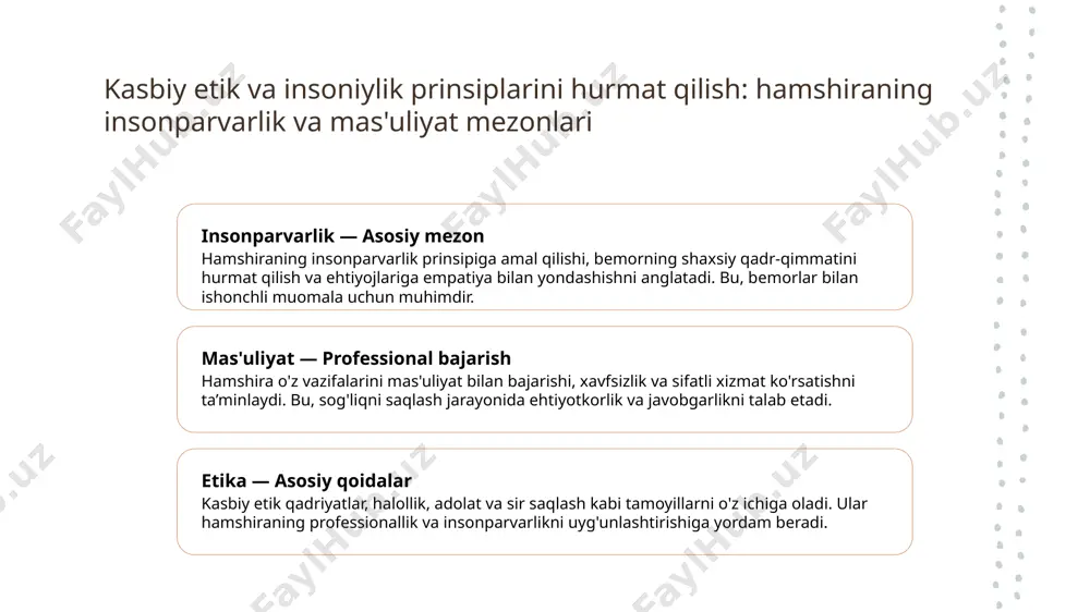 la usullarini moslashtirish, tushunishni ta'minlash muhimdir. 4 egalik va moslashuvchanlik hamshira madaniyat va dini qarashlarga moslashib, ehtiyojlarga mos keladigan odilona muomala tamoyillarini qo‘llash zarur. hamshiralarning madaniy va diniy xilma-xillikni hisobga olgan holda etika va hurmatni ta'minlash madaniy xilma-xillikni hisobga olish hamshira madaniy va diniy xilma-xillikni inobatga olib, har bir bemorga individual yondashuvni ta’minlashi, hurmat va tushunishni oshiradi. etika va hurmatni ta’minlash hamshira diniy va madaniy qadriyatlarni hisobga olgan holda, odilona va hurmatli muomala usullarini qo‘llab, ishonch va hamjihatlikni rivojlantiradi. muloqot va tushunishni rivojlantirish madaniy va dini xilma-xillikda muomala qilishda, ochiq muloqot va empatiya muhim, bu esa bemorlar bilan ishonchli aloqani mustahkamlashga yordam beradi. xulosa 1 etika va insonparvarlik tamoyillari hamshiraning etik va insonparvarlik tamoyillari bemorlarning huquqlarini hurmat qilish, maxfiylikni ta’minlash va sifatli xizmat ko‘rsatishda asosiy o‘rin tutadi. bu tamoyillar professionallik va ishonchni mustahkamlashga yordam beradi, jamiyatda hurmatga sazovor qiladi. 2 madaniy va dini xilma-xillikni hurmat qilish madaniy va dini xilma-xillikni …