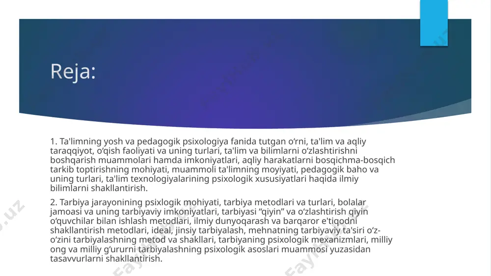 proq «instinkt» deb atash to‘g‘riroq bo’lur edi. tavsiflangan o‘rganish turlari hayvonlarda ham, insonlarda ham uchraydi. lekin insonlarda o‘rganishning maxsus, oliy turlari mavjud. boshqa odamlar xulq-atvorini to‘g‘ridan to‘g‘ri kuzatish orqali o‘rganish bo‘lib, unda inson kuzatilayotgan xulq-atvor shakllarini o‘zlashtiradi. bu vikar o‘rganish deb ataladi. verbal o‘rganish, ya’ni insonning yangi tajribani til orqali o‘zlashtirishidir. bunday o‘rganish natijasida inson nutqni egallagan boshqa odamlarga, bilim, ko‘nikma va malakalarni uzatishi mumkin. 0‘rganishning elemantar turlari — imprinting, shartli reflektor va operant turlariga - bola tug‘ilishi bilanoq amalda tayyor boladi. 0’qish bilim, malaka va ko'nikmalarni o'zlashtirish uchun ongli, maqsadga yo'naltirilgan qobiliyat sifatida bolada 4—5 yoshligida namoyon boladi, mustaqil o'qishga tayyorlik maktabning birinchi sinflarida, ya’ni 6-7 yosh atroflda vujudga keladi. 6-7 yosh atrofida 4-5 yoshligida 0‘rganish jarayoni faoliyat sifatida quyidagi o‘quv-intellektual mexanizmlar hisobiga amalga oshadi: assotsatsiyalarning shakllanishi taqlid qilish farqlash va umumlashtirish insayt (taxmin) ijod 1. assotsiatsiyalarning shakllanishi. bu mexanizm alohida bilimlar orasida yoki tajriba qismlari o‘rtasida vaqtinchalik bog’lanishlar …