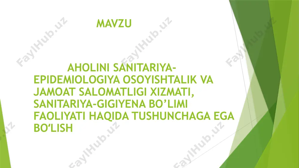 sanitariya-epidemiologiya masalalarida aholining xotirjamligini ta’minlash va respublika hududiga karantin va oʻta xavfli infeksiyalarni kirib kelishini va tarqalishini oldini olish; -xalq xoʻjaligi obyektlarini, texnologik qurilmalar va uskunalar hamda transport vositalarini rejalashtirish, joylashtirish, loyihalashtirish, qurish va foydalanishga topshirish paytida aholi salomatligiga zarar yetkazishi mumkin boʻlgan tashqi muhit omillarining oldini olish boʻyicha ogohlantiruvchi sanitariya nazoratini oʻtkazish; -aholining sanitariya madaniyatini oshirish; -ishlab chiqarish va ijtimoiy faoliyatining asosiy tarkibiy qismi boʻlgan sanitariya va epidemiyaga qarshi tadbirlarni oʻtkazish. shu bilan birga, sanitariya-epidemiologiya xizmati aholining sanitariya-epidemiologik osoyishtaligi va jamoat salomatligi sohasida yagona davlat siyosatini amalga oshirish uchun javobgar bo‘lgan vakolatli davlat boshqaruvi organi hisoblanib, sog‘liqni saqlash vazirligi tarkibiga kiradi. o’zbekiston respublikasi sanitariya-epidemiologik osoyishtalik va jamoat salomatligi xizmati faoliyatini tashkil qilish chora-tadbirlari to’g’risida” prezident qarori (pq–4790-son, 27.07.2020 y.) qabul qilindi. qaror bilan sanitariya-epidemiologik osoyishtalik va jamoat salomatligi xizmatining (sanitariya-epidemiologiya xizmati) asosiy vazifalari va faoliyat yo’nalishlari hamda huquqlari belgilandi. sanitariya-epidemiologiya xizmati va uning tizimidagi tashkilotlar, jumladan, karantinli va inson …