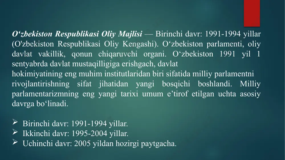 ndir) hisoblanadi. o‘zbekiston respublikasi adliya vazirligi tomonidan 2018-yilda berilgan ma’lumotlariga ko‘ra, davlat ro‘yxatiga olingan nodavlat notijorat tashkilotlarning (nnt) umumiy ro‘yxati 462 tani tashkil etgan bo‘lsa, 2019-yilga kelib, ularning soni 520 taga yetgan. 2020-yilning 1-yanvar holati bo‘yicha davlat ro‘yxatiga olingan nodavlat notijorat tashkilotlarning soni 556 taga yetdi. № 2021-yil 1-yanvardagi holat bo‘yicha ma’lumotlar: 1. assotsiatsiya 91 ta. 7. uyushmalar 28 ta. 2. jamiyatlar 77 ta. 8. federatsiyalar 91 ta. 3. jamg‘armalar 80 ta. 9. qo‘mitalar 5 ta. 4. kasaba uyushmalari 15 ta. 10. harakatlar 3 ta. 5. markazlar 68 ta. 11. klublar 8 ta. 6. partiyalar 5 ta. 12. boshqa tashkilotlar 85 ta. jami: 556 ta. t/r hududlar jami shu jumladan: 2021-yilda 2022-yilda jami: 15 1. qoraqalpog‘iston respublikasi 1 1 2. andijon viloyati 1 1 3. buxoro viloyati 1 1 4. jizzax viloyati 1 1 5. qashqadaryo viloyati 1 1 6. navoiy viloyati 1 1 7. namangan viloyati 1 1 8. …