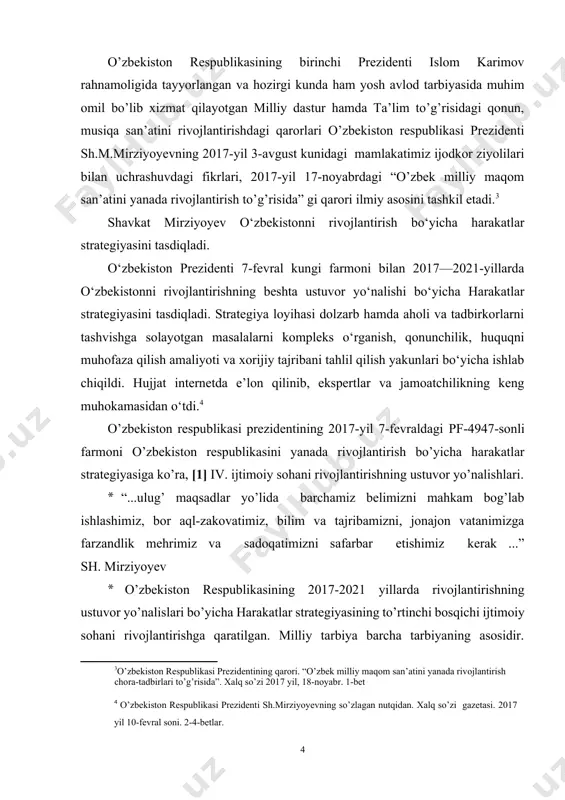 etib yetishtirish uchun eng avvalo, o’zi shu talablarga javob berishi va shunday fazilatlarga ega bo’lishi kerak” – degan edi. darxaqiqat o’qituvchilik kasbida bilimdonlik, zukkolik shu kasb mahoratini muntazam takomillashtirib borish talab etiladi. shuning uchun ham, barcha kasblar ichida o’qituvchilik kasbi sharafli va mas’uliyatli hisoblanadi. · estetik tarbiya muammolariga doimiy va jiddiy e’tibor, insonni qurshab olgan borliqdagi go’zallikka, yoshlarni adabiyot va san’at olamiga yaqinlashtirish maktab hamda barkamol shaxsni tarbiyalash tizimining o’ziga xos qat’iy xususiyatlaridan biridir. · musiqa darslari, to’garaklar, havaskorlik ijodiyoti, bahs va munozaraalr, san’atni o’rganish darslari va hakozolar maktab hayotiga jo’shqinlik baxsh etadi, o’quvchilarning diqqat – e’tiborini estetik jihatdan mustaqil bilim olish va o’z – o’zini tarbiyalash masalalariga jalb qiladi. · musiqaviy estetik tarbiya masalalari hozirgi zamon pedagogikasida tarbiyaning umumiy muammolari bilan bog’liq holda qoraladi. · musiqiaviy estetik tarbiyada musiqani idrok qilish malakalarini faol rivojlantirish, san’at va atrof – muhitdagi go’zal narsalarga muhabbat tuyg’usini hamda o’z his tuyg’ularini musiqa tilida …