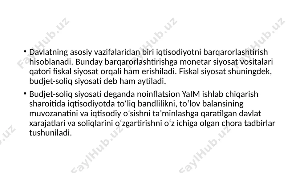 rini, jumladan, e.lindal, g.myurdallar byudjetga oid muammoni yangicha hal etishga majbur etdi. bu maktab vakillari “byudjetni siklik balanslashtirish”, ya’ni byudjet daromadlari va xarajatlarini iqtisodiy siklga moslashtirish nazariyasini taklif etdilar. bu nazariyaga muvofiq iqtisodiy tanazzul paytida vujudga kelgan byudjet defitsitini davlat iqtisodiy o’sishi davridagi ortiqchalar hisobidan qoplashi kerak. ana shu tavsiyanomalarga rioya etgan holda bir necha kapitalistik mamlakatlarning hukumatlari siklik tartibga solishning maxsus pul fondlarini yaratdilar. fiskal siyosat shuningdek, byudjet-soliq siyosati deb ham aytiladi. byudjet-soliq siyosati deganda noinflyasion yaim ishlab chiqarish sharoitida iqtisodiyotda to’liq bandlilikni, to’lov balansining muvozanatini va iqtisodiy o’sishni ta’minlashga qaratilgan davlat xarajatlari va soliqlarini o’zgartirishni o’z ichiga olgan chora tadbirlar tushuniladi. fiskal siyosat davlat moliyaviy siyosatining bir qismi bo’lib, hukumatning barcha imkoniyatlaridan kelib chiqqan holda soliq undirish va davlat byudjeti mablag’laridan samarali foydalanish bilan bog’liq masalalarni, shuningdek, real ijtimoiy masalalarni hal etish hamda ishbilarmonlik faolligini tartibga solishni taqozo etadi. fiskal siyosatda davlat xarajatlari va soliqlar iqtisodiyotni barqarorlashtirishga yo’naltirilgan, …
