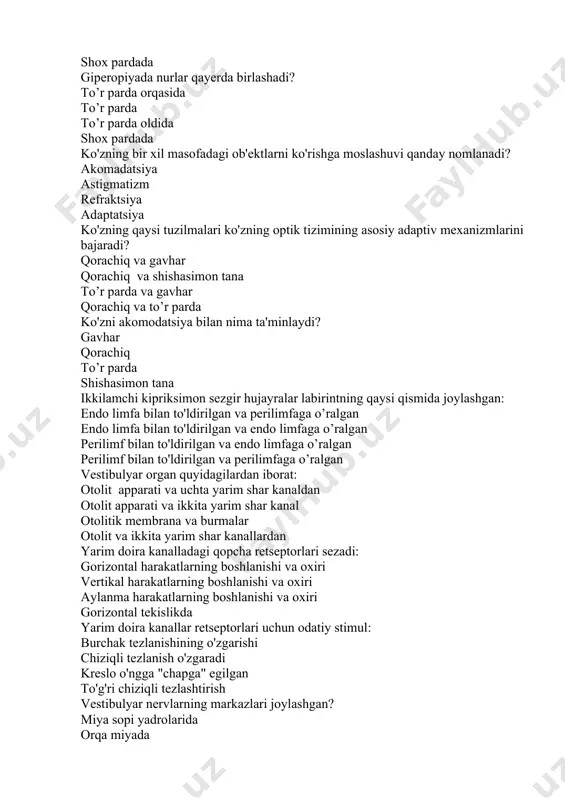 harakatlarning boshlanishi va oxiri aylanma harakatlarning boshlanishi va oxiri gorizontal tekislikda yarim doira kanallar retseptorlari uchun odatiy stimul: burchak tezlanishining o'zgarishi chiziqli tezlanish o'zgaradi kreslo o'ngga "chapga" egilgan to'g'ri chiziqli tezlashtirish vestibulyar nervlarning markazlari joylashgan? miya sopi yadrolarida orqa miyada miyacha katta yarimsharlarda tilning qaysi qismini retseptorlari sho'r ta'mni yaxshiroq qabul qiladi? yon qismi asosiysi o'rta pastki yuzasi eshitish analizatorining retseptorlari quyidagilarga tegishli: ikkilamchi sezgir asosan sezgir proprioretseptorlar interoretseptiv eshitish analizatorining retseptorli tukli hujayralari quyidagilardan iborat: asosiy membrananing o'rta narvonida ichki quloqning burilishida vestibulyar membrananing ichki qulog'ining burmasida qopchada o'rta quloqda ichki quloq burmasining asosiy membranasi tolalari uzunligi qanday o’zgaradi: aasosdan yuqoriga qarab usib boradi kanal bo'ylab bir xil asosdan yuqoriga qarab qisqarib boradi kanal bo’ylab xar xil o'rta kanalning maydoni to'ldiriladi: endolimfa perilimfa havo orqali jelega o'xshash modda yuqori va pastki kanal bo'shlig'i to'ldiriladi: perilimfa havo orqali jelatinli modda ekssudat o'rta quloq suyakchalar tizimi: ovoz to'lqinining tebranishini kuchaytiradi, lekin …