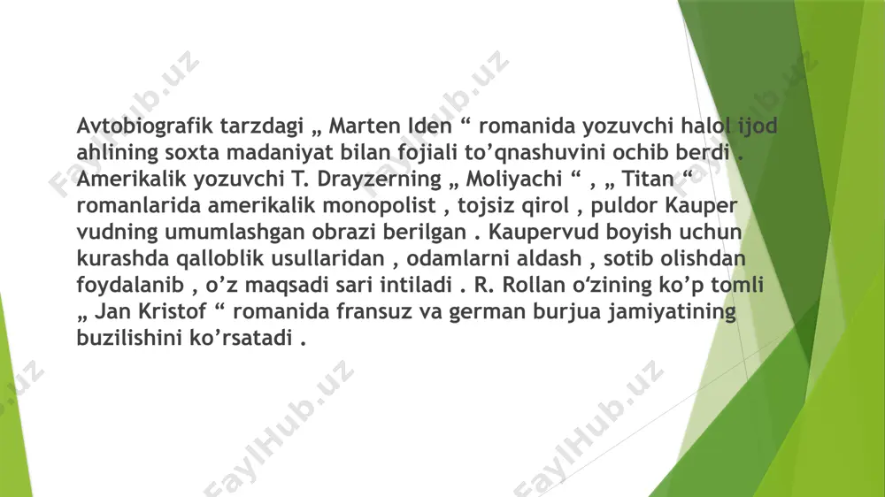 da real hayotni butun borligicha aks ettirish oqimi ham mavjud edi . bu borada pol sezann , pol gogen va vinsent van gog mehnat ahlini alohida o’rinlarda tasvirlay oldilar . chunki ular ishchilarning azob – uqubatlaridan qattiq ta’sirlangan edilar . mashhur xitoylik rassom jen bonyan ipak matoga rasm solish ning qulay usulini yaratdi . musiqa san’atida realizm va xalqchillik dekadentlarcha noziklikka va shaklan mu rakkablikka qarshi kurashda rivojlandi . bu davrda myunxenda avs triyalik oilasida tug’ilgan bastakor rixard shtraus ,, salomeya “ , „ elektra “ , „ gullar oshig’i “ , avstriyalik simfonist gustav maler „ qazo qilgan bolalar qo’shiq “ . bolaning sehrli shoxi “ va boshqa asarlar bilan shuhrat qozondi . r. shtraus motsartcha operani qaytadan tikladi . musiqa va sanʼat uning asarlari hayotbaxshligi , insonparvarligi , goʻzallikni tarannum etishi bilan ajralib turadi . betxoven an’analarini g. maler rivojlantirdi . maler musiqa asarlarining ijtimoiy ahamiyatini yuksaklikka koʻtardi …