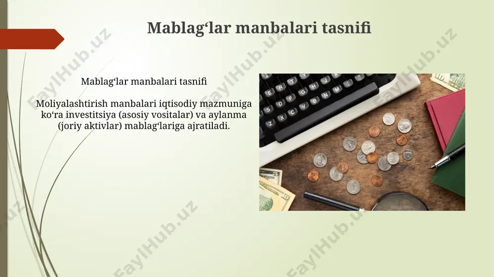 idan beriladi. foiz stavkalari odatda yillik 10-15% atrofida bo'ladi. investitsiya manbalari asosiy vositalar va aylanma mablagʻlar asosiy vositalar va aylanma mablagʻlar asosiy vositalar korxonada uzoq muddat (1 yildan ortiq) davomida foydalaniladigan aktivlar boʻlib, ularning qiymati asta-sekin, masalan, amortizatsiya orqali oʻtkaziladi. moliyaviy barqarorlik koʻrsatkichlari joriy likvidlik koʻrsatkichi 1,5 dan yuqori boʻlishi kerak. bu korxonaning qisqa muddatli majburiyatlarini qoplash qobiliyatini baholaydi. ideal qiymat 2 yoki undan yuqori boʻlishi mumkin. moliyaviy mustaqillik koeffitsienti kamida 0,5 boʻlishi lozim. bu korxona aktivlarining 50% dan ortigʻi oʻz mablagʻlari hisobidan shakllanganligini anglatadi. qarzga bogʻliqlikni kamaytirish muhim. xususiy mablagʻlar xususiy mablagʻlar ustav kapitali 400 million soʻmdan kam boʻlmagan miqdorda belgilanishi mumkin, uning miqdori aksiyadorlar tomonidan qabul qilingan qarorga muvofiq oʻzgartirilishi mumkin. e'tiboringiz uchun rahmat @taqdimot_robot image1.jpg image2.jpg image3.jpg image4.jpg image5.jpg image6.jpg image7.jpg image8.jpg image9.jpg image10.jpg image11.jpg image12.jpg image13.jpg image14.jpg image15.jpg