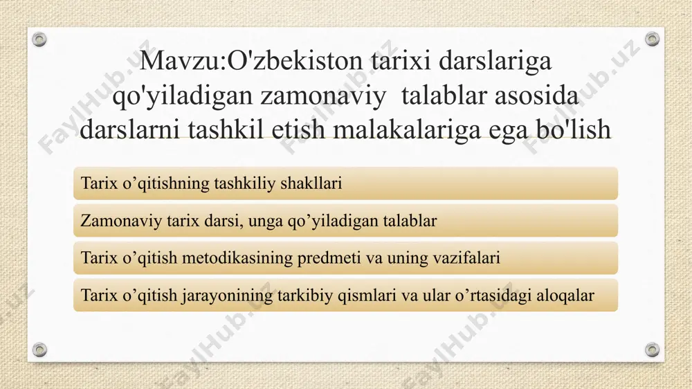 linadi. endi mazkur uchala mavzuni o’qitishdan kuzatilgan maqsadlar va ta'lim-tarbiyaviy vazifalarni, ular mazmunidagi umumiyliklar bilan o’ziga xosliklarni tekshirib ko’raylik. zamonaviy tarix darsi, unga qo’yiladigan talablar tarixni o’rganish umuminsoniy qadriyatlarning mohiyatini anglab yetish uchun, barcha xalqlarning umumjahon tarixiy jarayonida qatnashib, jahon madaniyati hazinasiga qay darajada hissa qo’shganligini bilish uchun ham muhimdir. yoshlarni tarixdan oladigan bilimlarini takomillashtirishning usullari turlichadir. jumladan tarix o’qitish samaradorligini oshiradigan vositalardan biri darsda arxiv materiallaridan foydalanishdir. dars o’quv jarayonining asosiy bo’g’ini sifatida yoshlarga fan asoslarini o’rgatishda muhim o’rin tutadi. metodist p.s.leybengrub ta'limning asosiy tashkiliy formasi bo’lgan dars tuzilishi jihatidan tor sxemaga, qat'iy bir qolipga tushib qolganligi tarix o’qitish oldiga qo’yilgan vazifalarni muvaffaqiyatli amalga oshirishni qiyinlashtirayotganini, ayni vaqtda bu hol o’qitishda har xil metod va usullardan foydalanishga to’sqinlik qilayotganini, o’quvchilarning darsga qiziqishini ham pasaytirayotganini to’g’ri ta'kidladi. tarix darsining quyidagi 4 ta tipini tavsnya etdi: ta'lim jarayonining barcha elementlarini o’z ichiga olgan aralash dars; to’liq yoki qisman yangi mavzuni o’rganishga …