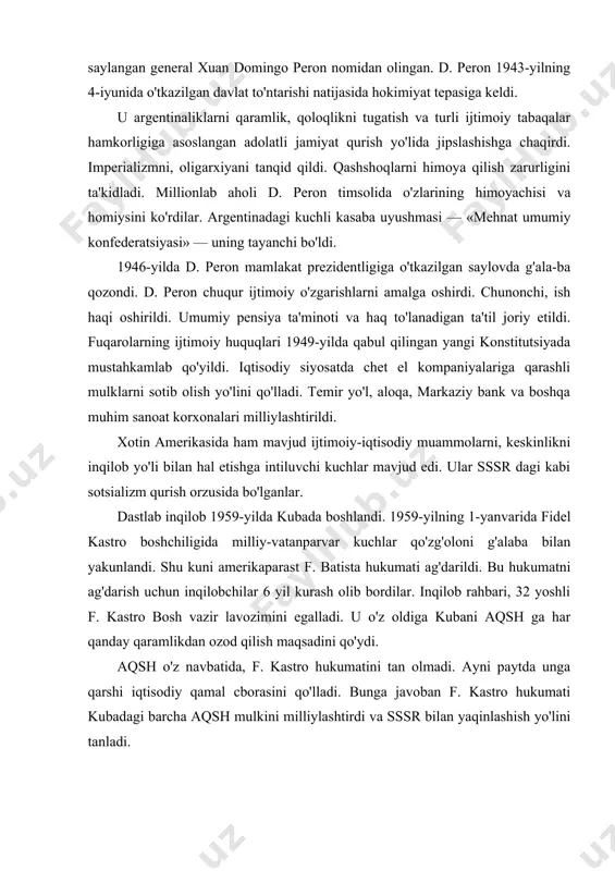 navbatida, f. kastro hukumatini tan olmadi. ayni paytda unga qarshi iqtisodiy qamal cborasini qo'lladi. bunga javoban f. kastro hukumati kubadagi barcha aqsh mulkini milliylashtirdi va sssr bilan yaqinlashish yo'lini tanladi. kuba sotsializmini saqlab qolish uchun sssr 1962-yilda, hatto, yadro urushiga ham tayyor edi. 1965-yilda kubadagi barcha inqilobiy kuchlar yagona tashkilotga — kuba kompartiyasiga birlashdilar. f. kastro uning rahbari etib saylandi. shu tariqa f. kastro kommunistik g'oyalarni qabul qildi va kubada sovet namunasidagi sotsializm qurishni boshladi. 1990-yillarga kelib kubaning sobiq ittifoqchilari uni qo'llamay qo'ydi. kuba iqtisodiy og'ir ahvolga tushib qoldi. lotin amerikasidagi demokratik va inqilobiy harakatlar aqsh hukuma​tini tashvishga solib qo'ydi. endi aqsh lotin amerikasi davlatlariga nisbatan o'z siyosatida o'zgarish qilishga majbur bo'ldi. 1961-yilda aqsh prezidenti j. kennedi tashabbusi bilan «taraqqiyot yo'lidagi ittifoq» dasturi ishlab chiqildi va u avgust oyida mintaqaning 19 ta davlati tomonidan imzolandi. dastur 10 yilga mo'ljallangan bo'lib, u industrlashni jadallashtirishni, iqtisodiyotning eksport va import qaramligini kamaytirishni nazarda …