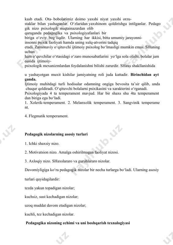 . shaxslararo nizolar albatta faoliyat turlarida namayon bo‘ladi. masalan guruh misolida ko‘ramiz. tasavvur qiling bir guruhda iqtidorli talantli shaxslarimiz bor. ular har bir mazmuni yaxshi o‘zlashtirib mustaqil fikrlarini bildira oladilar, fikr doiralari keng bo‘lganligi sababli u shaxslar o‘rtasida to‘qnashuv, majoro kelishmovchilik, nizolar yuzaga keladi. har bir guruh a’zosi o‘z fikrini to‘g‘riligini isbotlay oladilar bunday holatlarda nizoni boshqarish o‘qituvchi tomonidan bartaraf etiladi. har bir sohada shaxslar o‘rtasida nizolarni ko‘rishimiz mumkin. shaxslar o‘z ustidan ishlasa, fikrini isbotlay oladimi, ular nizolarni echimini ham topadilar. muloqot pedagogik nizolarning echish va boshqarish usullari. muloqotdagi ziddiyat shakllari turlichadir. masalan yuzmayuz yoki texnik vositalar (telefon telegraf va shunga o‘xshash vositalar) bilan amalga oshiriliadi. oilada nizo muloqot ayrim a’zolari o‘rtasida bo‘lishi mumkin. o‘zaro munosabatlarga kirishilganda nizoni yuzaga kelmasligini asosiy sabablari, o‘zaro til topishish, bir-birini tushunishdir. bu jarayonning murakkabligi, kerak bo‘lsa, o‘zaro til topishishi bir-birini tushuna olish lozim. har qanday faoliyatdan zerikish, garchan mumkin, faqat odam muloqotdan ayniqsa, uning …