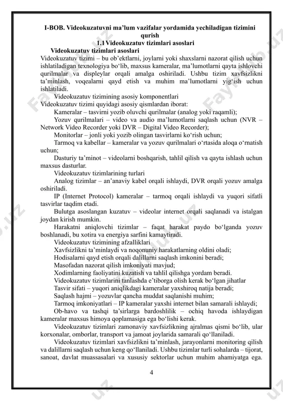 alari qattiq disklar (hdd, ssd) – mahalliy saqlash uchun. bulutli saqlash – internet orqali uzoq muddatli arxivlash. sd kartalar – ba’zi kameralarda ichki saqlash imkoniyati mavjud. kuzatuv dasturlari va interfeyslar videolarni real vaqt rejimida ko‘rish va boshqarish uchun maxsus dasturlar kerak bo‘ladi. ai (sun’iy intellekt) tizimlar yordamida yuzni tanish, harakatni aniqlash va boshqa xavfsizlik choralari amalga oshiriladi. videokuzatuv tizimlarining ishlash prinsiplari videokuzatuv tizimi quyidagi bosqichlar orqali ishlaydi: kamera atrof-muhitdan tasvirni oladi. olingan tasvir signali yozuv qurilmasiga uzatiladi. video ma’lumotlar saqlanadi va kerak bo‘lganda ko‘rib chiqiladi. tizim real vaqt rejimida nazorat yoki avtomatik ogohlantirishlar bera oladi. videokuzatuv tizimlarining turlari va ularning afzalliklari tizim turi xususiyatlari afzalliklari analog signal koaksial kabel orqali uzatiladi arzon, oson o‘rnatiladi, lekin tasvir sifati pastroq ip kamera raqamli tasvirlarni internet orqali uzatadi yuqori sifat, masofadan boshqarish, kengaytirish oson bulutli tizim ma’lumotlar onlayn saqlanadi internet orqali istalgan joydan kuzatish termal kamera infraqizil texnologiya orqali ishlaydi kechasi va har …