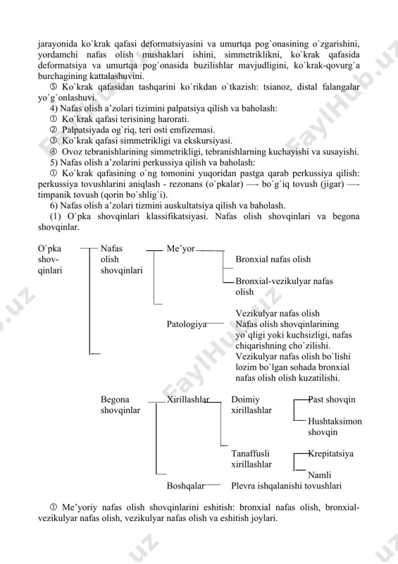 kdan o`tkazish. burun bo`shlig`i devorlari orasidagi burun to`sig`i qiyshiqligini, perforatsiya mavjudligini kuzatish hamda kisselbax sohasida qon ketishi bor yo`qligiga e’tibor berish. shundan so`ng burun devorining yon yuza qismini ko`rikdan o`tkazish. pastki burun chanog`i to`g`rida bir-biriga qarama-qarshi joylashadi, o`rta burun chanog`i oxirida turadi, yuqori burun chanog`i ko`rinmaydi. burunda poliplar bor-yo`qligini kuzatish. · nafas olish harakatlarini kuzatish: ko`krak qafasining old tomonidan, yon tomonidan, nafas olish holatini orqa sohadan kuzatish. nafas olish harakatlari jarayonida ko`krak qafasi deformatsiyasini va umurtqa pog`onasining o`zgarishini, yordamchi nafas olish mushaklari ishini, simmetriklikni, ko`krak qafasida deformatsiya va umurtqa pog`onasida buzilishlar mavjudligini, ko`krak-qovurg`a burchagining kattalashuvini. · ko`krak qafasidan tashqarini ko`rikdan o`tkazish: tsianoz, distal falangalar yo`g`onlashuvi. 4) nafas olish a’zolari tizimini palpatsiya qilish va baholash: · ko`krak qafasi terisining harorati. · palpatsiyada og`riq, teri osti emfizemasi. · ko`krak qafasi simmetrikligi va ekskursiyasi. · ovoz tebranishlarining simmetrikligi, tebranishlarning kuchayishi va susayishi. 5) nafas olish a’zolarini perkussiya qilish va baholash: · ko`krak qafasining …