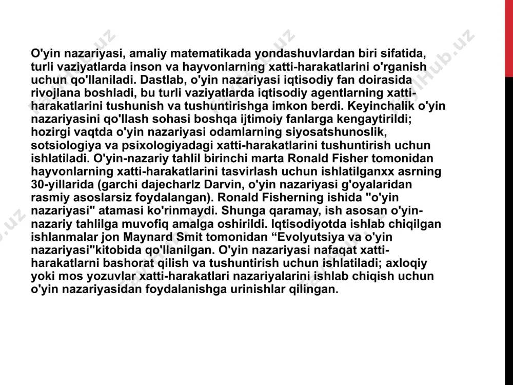 lar yo'naltirilgan daraxt sifatida taqdim etiladi, bu erda har bir tepalik o'yinchining o'z strategiyasini tanlash holatiga mos keladi. har bir o'yinchiga tepaliklarning butun darajasi mos keladi. to'lovlar daraxtning pastki qismida, har bir barg tepasi ostida qayd etiladi.chapdagi rasmda ikkita o'yinchi uchun o'yin ko'rsatilgan. 2-o'yinchi o'z pozitsiyasini tahlil qiladi va a yoki r strategiyasini tanlashga qaror qiladi, ehtimol birinchi o'yinchi u ni, ikkinchisi a ni tanlaydi (ularning har biri uchun bu maqbul strategiyalar); keyin ular mos ravishda 8 va 2 ball olishadi.keng shakl juda ingl, uning yordami bilan ikkitadan ortiq o'yinchi va ketma-ket harakatlar bilan o'yinlarni namoyish qilish ayniqsa qulaydir. agar ishtirokchilar bir vaqtning o'zida harakat qilsalar, unda tegishli tepaliklar nuqta chiziq bilan bog'langan yoki qattiq chiziq bilan o'ralgan. o`yin nazariyasida xarakterli funksiya transfer foydaliligi, ya'ni mablag'larni bir o'yinchidan boshqasiga o'tkazish imkoniyati bo'lgan kooperativ o'yinlarda individual to'lovlar tushunchasini qo'llash mumkin emas. buning o'rniga, har birining yutug'ini belgilaydigan xarakterli funktsiya deb ataladigan …
