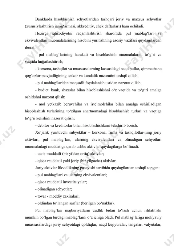 bo‘lgan turdagi mablag‘larni o‘z ichiga oladi. pul mablag‘lariga moliyaviy muassasalardagi joriy schyotdagi qoldiqlar, naqd kupyuralar, tangalar, valyutalar, kichik kassaning naqd pullari va moliyaviy muassasalar tomonidan muddatli depozitlar va muomaladan chiqarish uchun qabul qilingan, subyektning kassasidagi konkret o‘tkazib beriladigan pul hujjatlaridir (depozit schyotlar ham pul mablag‘lari sifatida ko‘riladi. oddiy omonat schyotlar bo‘yicha bank muomaladan chiqarish haqida dastlabki xabarnomani talab qilish huquqiga ega, ammo bu vakolatni kam qo‘llaydi. shuning uchun omonat schyotlari odatda pul mablag‘lariga kiritiladi). bu o‘tkazila-digan pul hujjatlariga oddiy cheklar, kassaning orderlari, mijozning cheklari, pul o‘tkazmalari va boshqa hisoblashish vositalari kiradi. balansning «pul mablag‘lari» moddasidagi qoldiq pul mablag‘lari schyotlariga kiradigan barcha turdagi mablag‘larni aks ettiradi. pul ekvivalentlari – bu pul mablag‘lariga o‘xshaydigan lekin boshqacha turkumlanadigan aktivlardir. ular xazina vasikalari (xazina vasiqalari – bu muomalaga chiqarilgan, keyin bir yildan kam muddatga qaytariladigan hukumatning foizsiz majburiyatlaridir. ular chegirma bilan sotiladi va o‘z vaqtida to‘lanadi. to‘lash qiymati bilan chiqarilish qiymati o‘rtasidagi farq xaridorning …