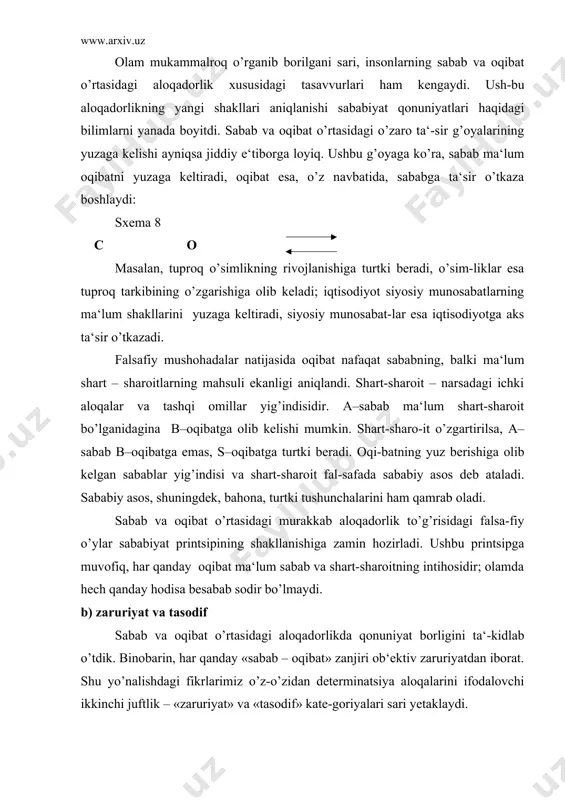 abablar aniq-lanmagan hodisaga qiyoslaydilar. birinchi yechim sababiyat printsipining in-kor etilishiga, ikkinchi yechim esa «tasodif» kategoriyasini bilish imkoni-yatlarining inkor etilishiga olib keladi. harqalay, tasodifning mavjudligini rad qilish bema‘nilikdan o’zga narsa emas. agar zaruriyat mutlaq xarakterga ega, deb biladigan bo’lsak, ta-sodifga o’rin qolmaydi. bunday zaruriyat olam taraqqiyoti mantig’ini ol-dindan yozib qo’yilgan stsenariyga o’xshatib qo’ymaydimi? aslida «zaruriyat» va «tasodif» kategoriyalarining mazmunini to’g’ri aniqlash uchun «shart-sharoit» tushunchasiga murojaat etmoq zarur. chunki za-ruriyat hamisha ma‘lum shart-sharoitlar bilan shartlangandir. shu nuqtai nazardan olib qaraganda, zaruriyat nisbiy xarakterga ega. u yoki bu hodi-saning zaruriy xarakterga egaligi haqida gapirarkanmiz, unga zaruriylik ato etgan ob‘ektiv shart-sharoitni ham nazarda tutmog’imiz lozim. basharti zaruriyat nisbiy xarakterga ega ekan, tasodif ham nisbiydir. bir hodisa a-jarayonda zaruriyat bo’lib, b-jarayonda tasodif sanalishi mumkin. fikrimizni asoslash uchun jo’nroq bo’lsada quyidagi ikki voqealar zanjirini keltiramiz: 1.adham oziq-ovqat mahsulotlari xarid qilish uchun do’konga jo’nadi. yo’lda to’satdan uning boshiga qurbaqa kelib tushdi. 2.qush qorin to’ydirish ilinjida atrofni olazarak …