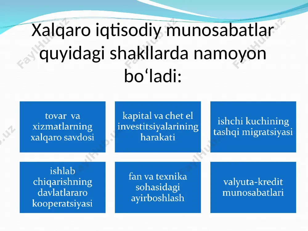 rning milliychegaradan tashqaridagi xarakatiga, ya’ni xalqaro ayirboshlanishiga xizmat qiluvchi muassasaviy tuzilmalardir. jahon infratuzilmasi tarkibiy qismlari: xalqaro transport tizimi ( dengiz, daryo, xavo, temir yo’l ) xalqaro axborot kommunikatsiyalar tarmog‘i xalqaro moliya markazlari, birjalar, yirik sanoat va savdo birlashmalari. * * 2. jahon xo‘jaligi rivojining asosiy tamoyillari va uning baynalminallashuvi jaxon xo‘jaligi – bu xalqaro mexnat taksimoti va integratsion tamoyillar hamda iqtisodiy munosabatlarning xalkaro tizimi orqali bir-biri bilan chambarchas bog‘langan milliy xo‘jaliklar majmuasidir. xalqaro mehnat taqsimoti (xmt) alohida mamlakatlarning tovar va xizmatlarning ma’lum turlarini ishlab chiqarishga ixtisoslashuvini ifodalaydi. jahon xo‘jaligi iqtisodiy rivojlanishining muhim xususiyati - bu turli mamlakatlar va xo‘jalik regionlari o‘rtasidagi o‘zaro bog‘liqliklarning o‘sib borishi hisoblanadi. * * * jaxon xujaligi mamlakatlari turkumlanishi: xo‘jalik tizimlari xususiyatiga ko‘ra: a) rivojlangan mamlakatlar; b) bozor iqtisodiyotida rivojlanayotgan mamlakatlar; v) bozor iqtisodiyoti to‘la shakllanmagan mamlakatlar. alohida iqtisodiy belgilariga ko‘ra: a) yangi industrial mamlakatlar (shim.shar osiyo va lotin amerikasidagi); b) yuqori daromadli neft eksport qiluvchi …