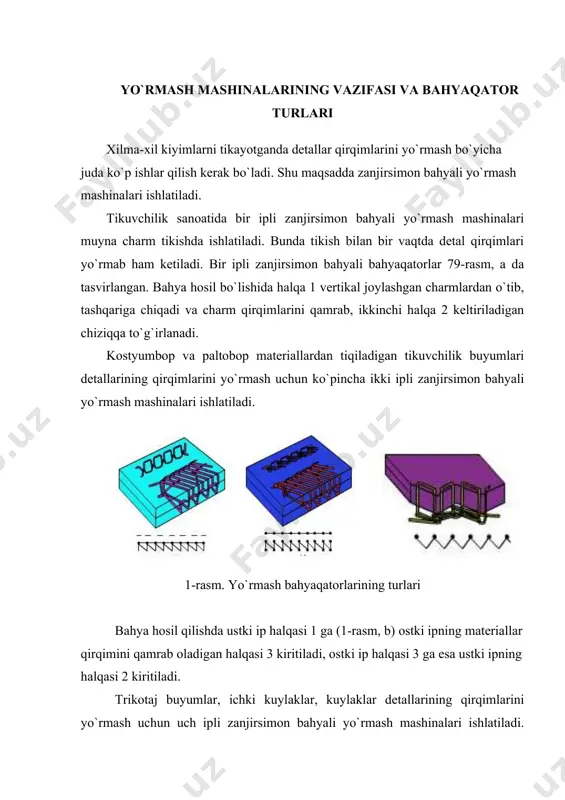 emak, bunda materiallar qirqimini ostki iplar 3 va 4 ning halqalari qamrab oladi, ustki iplar halqalari esa ularni bir-biriga o`laydi. bir ipli zanjirsimon yo`rma bahyali bahyaqator oson so`qilib ketadigan bo`lgani uchun bunday bahyaqatorlar doim yopik choqlarda ishlatiladi. ikki va ayniqsa uch ipli zanjirsimon yo`rma bahyali bahyaqatorlarning suqilishi kiyin bo`lgani sababli ular detallar qirqimlarini titilishdan saklaydigan qilib tikish va yo`rmashda ishlatiladi. ustki ip bilan chalishtirgichlar iplarining tarangligini o`zgartirib, iplarni material qirqimi urtasida chalishadigan ("munchoqsimon bahyaqator") qilish yoki materialning o`ng tomoniga chiqarib qo`yish mumkin. turli buyumlarni tikishda choqlash va yo`rmash bahyaqatorlarini bir-biriga qo`shish yo`li bilan eng ko`p samaradorlikka erishish mumkin. choklashda ikki ipli moki bahyaqator yoki ikki ipli zanjirsimon bahyaqator bilan qirqimlarni yo`rmashni birga qo`shib olib boradigan mashinalar ishlatilganda eng yuqori iqtisodiy samaraga erishiladi. tikuvchilik buyumlarining xar qaysi qirqimini alohida-alohida yo`rmab, ularni bir yo`la tikib ketadigan mashinalar joriy qilish yo`li bilan mexnat unumdorligini anchagina oshirish mumkin. ikki ipli zanjirsimon yo`rma bahyani hosil …