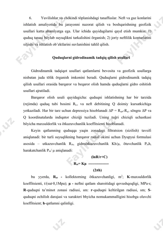 slangan bōlib, qatlamning kattaliklarini quduqning radiusi, quduqni ta’minot radiusi va qōshimcha sizilish qarshiligi koeffitsientlarining birlamchi hisobisiz aniqlashga imkon beradi. bu usullar bosimning tiklanish chiziqlarini qurishga asoslangan va turli tadqiqotchilar tomonidan taklif qilingan usullarda ishlov beriladi. bosimning tiklanish (pasayish) chiziqlariga ishlov berish qatlamning olis zonalarida ōtkazuvchanlik, gidro ōtkazuvchanlik, pyezo ōtkazuvchanlik, harakatchanlikni aniqlashga imkon yaratadi. gidro eshitish usulida ikkita quduq tanlanadi - uzatuvchi va qayd qiluvchi. qayd qiluvchi quduqqa chuqurlik diffyerensial manometri dgm-4 tushuriladi. uning yordamida uzatuvchi quduqdan bosim impulsi tutiladi. bosimning yōqori impulsini qayd etish natijasida ekspremental egri chiziq tuziladi va nazariy egri chiziqdan foydalanib qatlamning olis uchastkalaridagi sizilish kattaliklari aniqlanadi. qayd qiluvchi quduqda impulsning bōlmasligi maxsuldor qatlamning zich gilli jinslar bilan aralashuvidan yoki litologik ekran mavjudligidan dalolat beradi. bu gidro eshitish usulini gidrodinamik aloqani aniqlash uchun qullashga imkon yaratadi: a) uyumning neftli va kontur orti qismi orasida; b) uyumning alohida uchastkalari orasida; v) yirik neftli qatlamlar va gorizontlarning alohida qatlamchalari …