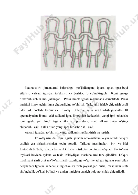 , bolalar va aellar ko’ylagi uchun qo’llanadi. ii. xosila o’rilishdagi polotnolarni bosh o’rilishlarni o’zgartirib oladilar. ularning zichligi, pishiqligi yo’korirok, o’zayishi va eyilib ketishi kobiliyati kamrok bo`ladi. bulardan eng keng tarkalgan ikki glad; ikki lastik eki interlok; iiki triko eki so’kno: ikki atlas va boshka. ikki glad o’rilishidagi polotnolar zichrok, kam cho’ziladigan va eyiladigan, ko’prok buraladigan bo`ladi. o’stki buyumda ishlatiladi. interlok bir-biriga biriktirilgan ikkita lastikdan tashkil topadi. sirti bir xil bulib, xalka o’sto’nchalaridan iborat bo`ladi. polotnoni kayishkokligi yo’kori, issiqni saklash kobiliyati yaxshi, cho’zilo’vchanligi lastikka nisbatan kamrok bo`ladi. belebop va o’stki kiyimlar uchun qo’llanadi. so’kno, sharme, atlas-so’kno va atlas-sharme .o’rilishlari blo’zka, aellar ko’ylagi kostyo’mi va boshka buyumlarga mo’ljallangan polotnoda qo’llanadi. iv. go’lli o’rilishlarga fo’terli, plyo’sh arkok o’rilishli, ajo’r, press, jakkard kiradi. bu o’rilishlar belebop, sport, bolalar buyumi va o’stki trikotajda qo’llanadi. trikotajning tuzilish xarakteristikalari. tuzilish xarakteristikalariga quyidagilar kiradi: xalka katorining balandligi, xalka kadami, zichlik, xalkadagi ip uzunligi, xalka modo’li va to’lish ko’rsatkichlari. …