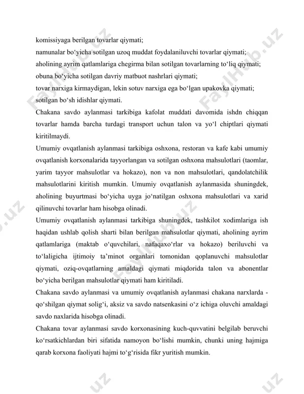 gi to‘g‘risida tasavvurga ega bo‘lish imkonini beradi, chunki samaradorlik ko‘rsatkichi umumiy ko‘rinishda natijalar va xarajatlarning nisbatidir. chakana tovar aylanmasi resurslarning mehnat sig‘imi, fond sig‘imi, xarajatlar sig‘imi va kapital sig‘imini aniqlashda foydalanilishi mumkin. bu ko‘rsatkichlar yordamida korxonaning tovar aylanmasini o‘stirishni ta’minlash uchun qo‘shimcha resurslarga ehtiyojini aniqlash mumkin. chakana tovar aylanmasi talab, tovarlarning kelib tushishi, tovar zahiralari, foyda, xodimlar soni, mehnatga zaq to‘lash xarajatlari kabi ko‘rsatkichlar bilan uzviy bog‘liq bo‘lishi lozim. bunda mazkur ko‘rsatkichlarning nisbati tovar aylanmasini strategik tartibga solish modellarida aks ettirilgan tarzda bo‘lishi eng optimal hisoblanadi. chakana tovar aylanmasini strategik tartibga solishning birinchi modeli tovar talab va taklifining muvozanatlanganligini ta’minlaydi. bunga quyidagi shartlarga amal qilinganda erishish mumkin: iп(iт(iтз(iс, bu yerda ip – tovar kelib tushishining o‘sish indeksi; it – tovar aylanmasi hajmining o‘sish indeksi; itz – tovar zahiralari summasining o‘sish indeksi; is – aholi talabi hajmining o‘sish indeksi. chakana tovar aylanmasini strategik tartibga solishning ikkinchi modeli savdo korxonasi xo‘jalik faoliyati …