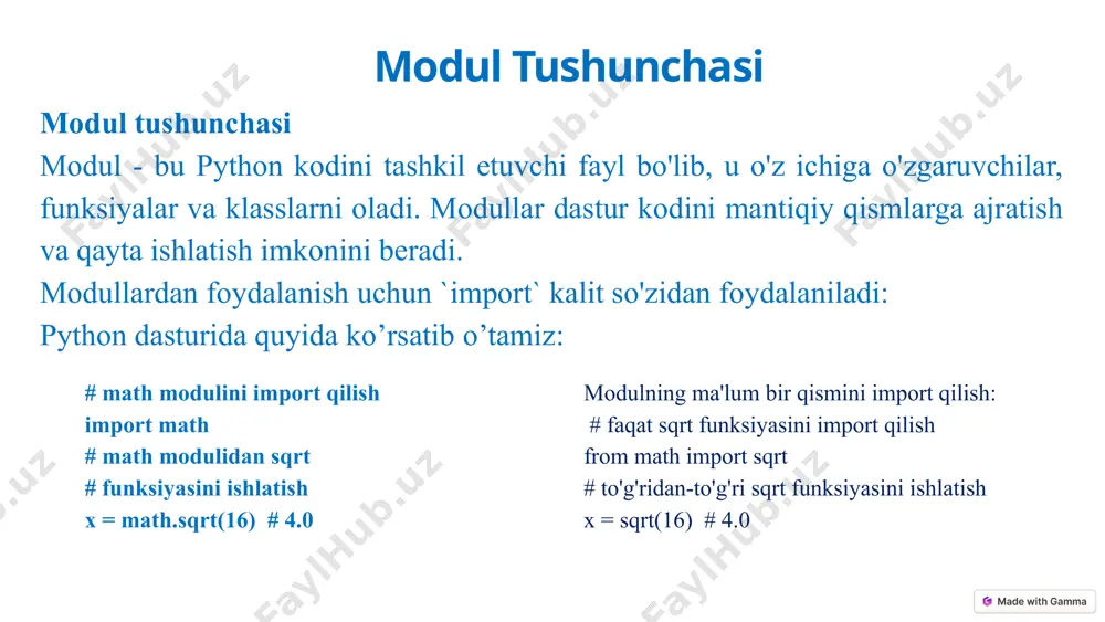 звестный автор, лицензия: cc by-sa ifodalar arifmetik ifodalar qiymatni hisoblash uchun matematik operatsiyalarni bajarishga imkon beradi. matnli ifodalar matnlarni birlashtirish va manipulyatsiya qilish uchun ishlatiladi. mantiqiy ifodalar mantiqiy operatorlarni ishlatib, qiymatlarni taqqoslash imkonini beradi. 10 ifodalar: ifoda - bu qiymat qaytaradigan kod qismi. ifodalar o'zgaruvchilar, operatorlar va funksiya chaqiruvlaridan tashkil topishi mumkin: # oddiy ifodalar x = 5 # 5 - ifoda ism = "alisher" # "alisher" - ifoda # murakkab ifodalar natija = (x + 5) * 2 # (x + 5) * 2 - ifoda tekshiruv = yosh >= 18 # yosh >= 18 - ifoda operatsiyalar 1 arifmetik: +, -, *, /, //, % 2 taqqoslash: ==, !=, >, =, > 5 atama: is, is not, in, not in 12 1. arifmetik operatorlar a = 10 b = 3 qoshish = a + b # 13 ayirish = a - b # 7 kopaytirish = a * …