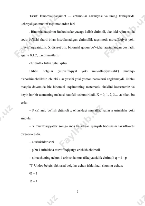 p o‘lchovli taqsimot funksiyaning asosiy xossalarini keltiramiz: 1. , ya’ni taqsimot funksiya chegaralangan. 2. funksiya har qaysi argumenti bo‘yicha kamayuvchi emas va chapdan uzluksiz. 3. agar biror bo‘lsa, u holda (1) 4. agar biror bo‘lsa, u holda . 3-xossa yordamida keltirib chiqarilgan (3.1.1) taqsimot funksiyaga marginal(xususiy) taqsimot funksiya deyiladi. tasodifiy vektorning barcha marginal taqsimot funksiyalari soni ga tengdir. masalan, (n=2) ikki o‘lchovlik tasodifiy vektorning marginal taqsimot funksiyalari soni ta bo‘lib, ular quyidagilardir: . soddalik uchun n=2 bo‘lgan holda, ya’ni (x,y) ikki o‘lchovlik tasodifiy vector bo‘lgan holni ko‘rish bilan cheklanamiz. ikki o‘lchovli diskret tasodifiy miqdor va uning taqsimot qonuni (x,y) ikki o‘lchovli t.m. taqsimot qonunini (2) formula yordamida yoki quyidagi jadval ko‘rinishida berish mumkin: y x … … … … … … … … … (3) bu yerda barcha ehtimolliklar yig‘indisi birga teng, chunki birgalikda bo‘lmagan hodisalar to‘la gruppani tashkil etadi . (2) formula ikki o‘lchovli diskret t.m.ning taqsimot qonuni, (3) …