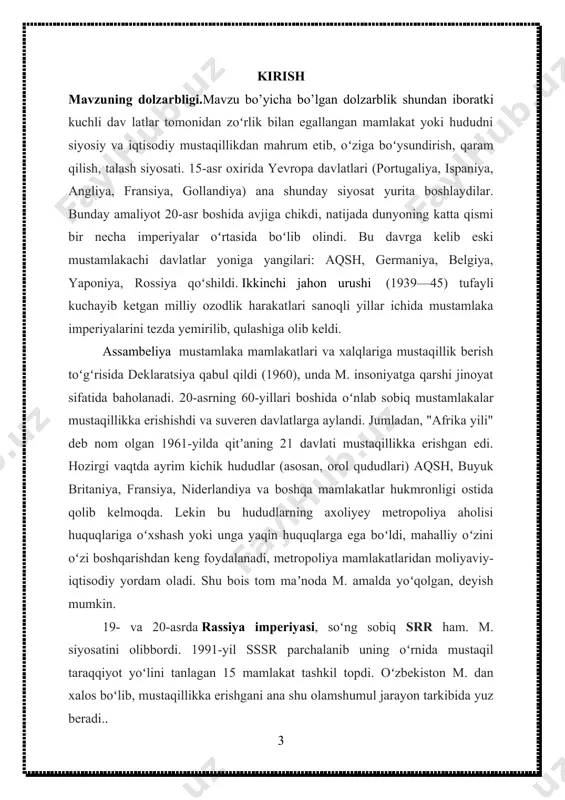 arbiy yevropada bo'lgani kabi, 40 millionga yaqin odam istiqomat qilgan. kurs ishining sturukturasi.kurs ishi ikki bob, to’rt paragirif, xulosa, foydalangan adabiyotlar ro’yhatidan iborat. i. bob. yangi davrda yevropa 1.1. mustamlakachilik siyosati mustamlakachilik— kuchli davlatlar tomonidan zoʻrlik bilan egallangan mamlakat yoki hududni siyosiy va iqtisodiy mustaqillikdan mahrum etib, oʻziga boʻysundirish, qaram qilish, talash siyosati. 15-a. oxirida yevropa davlatlari (portugaliya, ispaniya, angliya, fransiya, gollandiya) ana shunday siyosat yurita boshlaydilar. bunday amaliyot 20a. boshida avjiga chikdi, natijada dunyoning katta qismi bir necha imperiyalar oʻrtasida boʻlib olindi. bu davrga kelib eski mustamlakachi davlatlar yon iga yangilari: aqsh, germaniya, belgiya, yaponiya, rossiya qoʻshildi. 2-jahon urushi (1939— 45) tufayli kuchayib ketgan milliy ozodlik harakatlari sanoqli yillar ichida mustamlaka imperiyalarini tezda yemirilib, qulashiga olib keldi. [footnoteref:1] [1: гизо ф.п. история цивилизации в европе. м.: территория будущего, 2007 c 45] bmtning bosh assambleyasi mustamlaka mamlakatlari va xalqlariga mustaqillik berish toʻgʻrisida deklaratsiya qabul qildi (1960), unda mustamlakachilik insoniyatga qarshi …