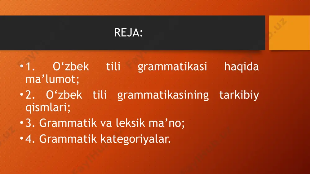 rlashuvchi, shu asosda bir-birini taqozo etuvchi va bu umumiy ma’noning parchalanishi asosida inkor qiluvchi shakllar tizimi grammatik kategoriya deyiladi. tilshunosligimizda o‘zbek tilida 9ta gк mavjudligi e’tirof etiladi: nisbat kategoriyasi (fe’lga tegishli); o‘zgalovchi kategoriyasi (fe’lga tegishli); harakat tarzi kategoriyasi (fe’lga tegishli); bo‘lishli-bo‘lishsizlik kategoriyasi (fe’lga tegishli); son kategoriyasi (otga tegishli); daraja kategoriyasi (sifatga tegishli); kelishik kategoriyasi (ismlarga tegishli); egalik kategoriyasi (ismlarga tegishli); kesimlik kategoriyasi: 1) shaxs-son; 2) zamon; 3) tasdiq-inkor; 4) mayl (modallik) (kesim vazifasida kela oladigan istalgan atov birligiga tegishli); gк ham serqirra mohiyatli lisoniy hodisa bo‘lganligi sababli turli tomondan tasnif qilinadi. ulardan ayrimlarini keltiramiz: кategoriya shakllarining ma’noviy tarkibiga ko‘ra. morfologik kategoriya (mк)ning so‘z turkumi yoki gap bo‘laklariga xosligiga ko‘ra. mк sintaktik qobiliyatining yo‘nalishiga ko‘ra. кategoriya shakllarining ma’noviy tarkibiga ko‘ra gк 2 turga bo‘linadi: 1) sodda kategoriya; 2) murakkab kategoriya. yuqorida keltirilgan gklardan to‘rttasi (o‘zgalovchi, harakat tarzi, egalik, kesimlik kategoriyalari) murakkab, qolganlari esa sodda kategoriyalar hisoblanadi. demak, nisbat, bo‘lishli-bo‘lishsizlik, son, daraja, …
